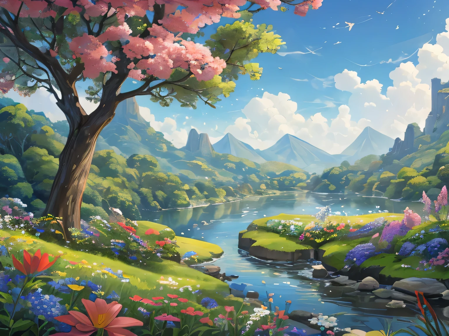 Uma moderna casa de fantasia de dois andares com telhado de vidro e cobre com um pouco de musgo, em um lindo prado com flores silvestres, uma floresta e um rio, janelas amplas para entrada de luz natural, master part, the landscape is peaceful, arte digital.