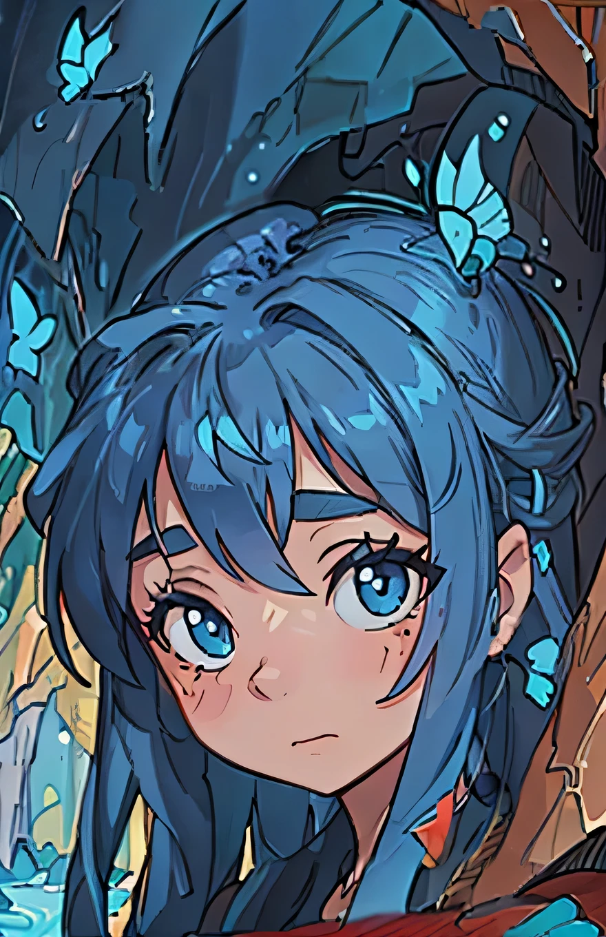 wearning bushes (in the middle of a cave,blue,magical butterflies),oil painting,highres,ultra-detailed,portrait,vivid colors,warm sunlight magic water