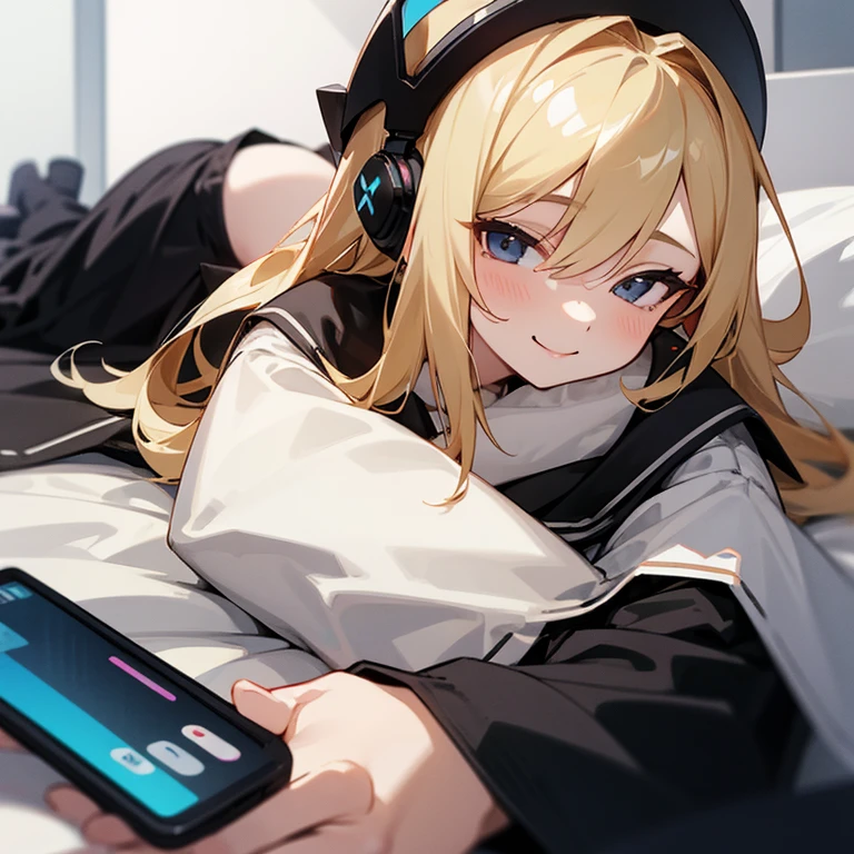 Smartphone、girl with、Lying in bed、head phone、A sexy、a blond、a smile、Black eye、Black clothe