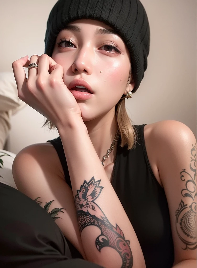 Mujer arafed con un tatuaje en el brazo y un sombrero, of taiwanese girl con tatuajes, ulzzang, con tatuajes, con tatuaje facial, Heonhwa Choe, Jinyoung Shin, Entintado, estilo de tatuaje, Chica coreana, Taejune Kim, Sun Yunjoo, Kim Doyoung, tatuaje completo, 🤤 girl portrait, Cai Xukun