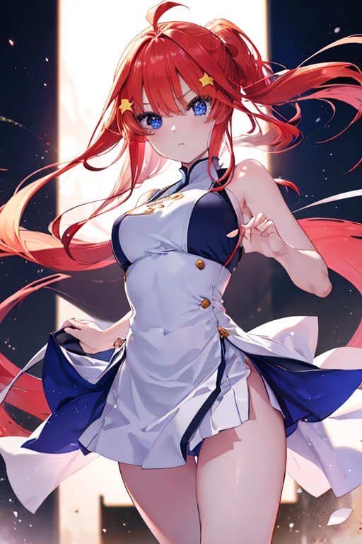 Satsuki Nakano, Itsuki Nakano, Bangs, Blue eyes, hair between eye, Ahoge, Red hair, Underponytail，Star \(symbol\), Hair Ornament, Star hair ornament、，B Leak point:1.2), Best Quality, High resolution, Unity 8k壁纸, (Illustration:0.8), (Beautiful detailed eyes:1.6), extra detailed face, Perfect Lighting, extremely details CG, (Perfect hands, Perfect Anatomy),Dresses with visible backs，a miniskirt，pin heels，venue