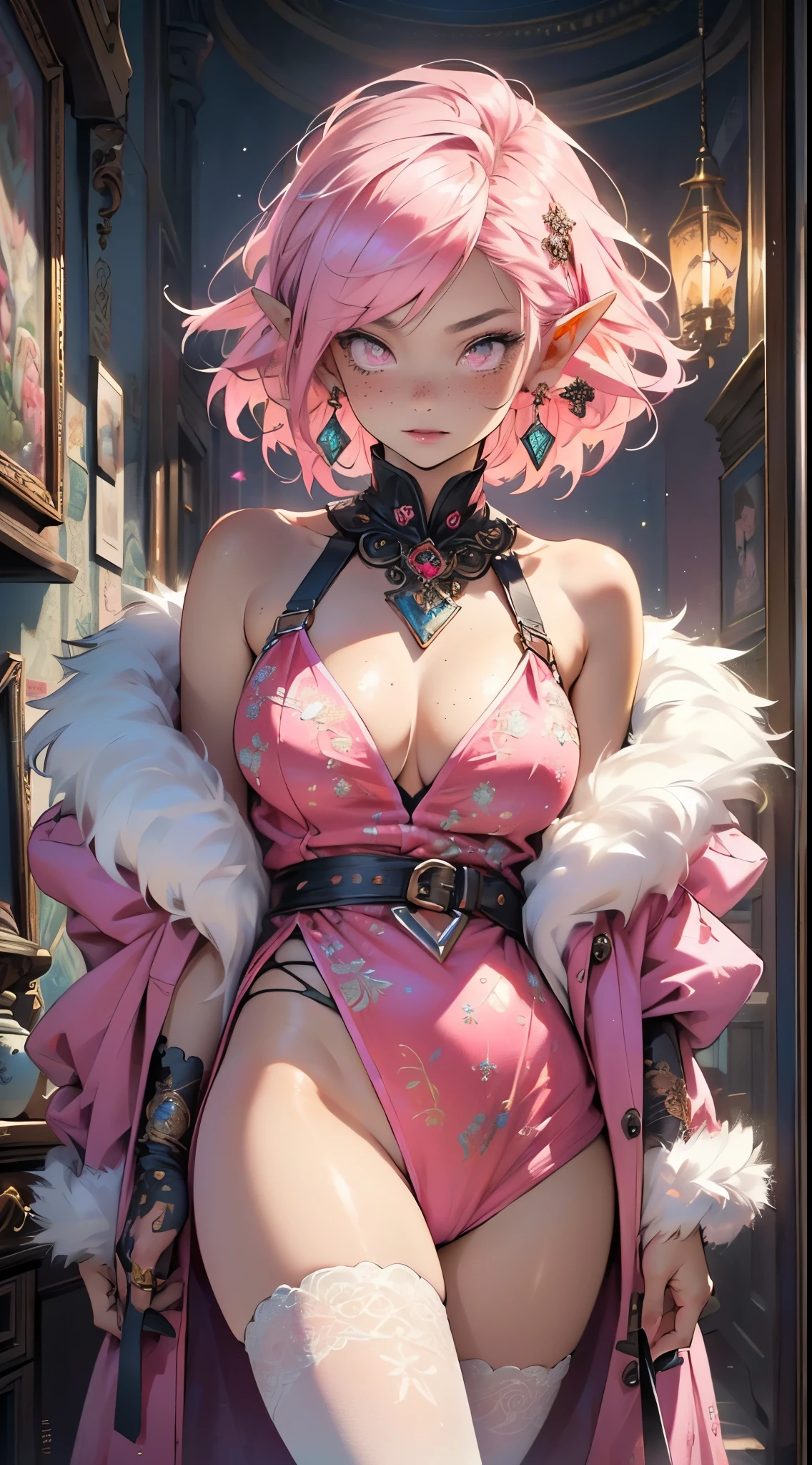 cute **** elf,(((little ****,tiny little body,little))),(((***********))),((anime elf **** with extremely cute and beautiful fuchsia hair)), (((elf))), (((elf ears))),

(((flat chest))),((((fuchsia hair:1.35,short fuchsia hair,colored inner hair,ear breathing)))),(((pink_eyes:1.3))),intricate eyes,beautiful detailed eyes,symmetrical eyes,big eyes:1.5,(((freckles on the face,freckles,freckled girl))),(((lustrous skin:1.5,bright skin: 1.5,skin tanned,shiny skin,very shiny skin,shiny body,plastic glitter skin,exaggerated shiny skin,illuminated skin))),(delicate detailed fingers,detailed body,(detailed face)),

cute,slutty,erotic,daring,((nsfw)),

zettai ryouiki,revealing clothing,show skin,(((Sexy pink fur coat, pink fur coat outfit, wearing a pink fur coat:1.3,pink winter coat))),((pink mini-skirt,pink mini skirt with furry edge,visible thong straps)),((underpants strap)),(white gloves,pink clothes,semi-naked,with little pink clothing,(((furry edge clothing)))),(((intricate outfit,intricate clothes,embroidered outfit,ornate outfit,embroidered clothes,ornate clothes))),

(dynamic pose:1.0),embarrassed,(centered,scale to fit dimensions,Rule of thirds),

inside,indoor,((cozy gothic room)),scenery:1.25,((intricate scenery)),((winter decorations)),Christmas tree,

(Glossy winter ornaments),highres,sharp focus,(ultra detailed,extremely detailed),(photorealistic artwork:1.37),(extremely detailed CG unity 8k wallpaper),(((vibrant colors,vibrant theme))),(intricate),(masterpiece),(best quality),