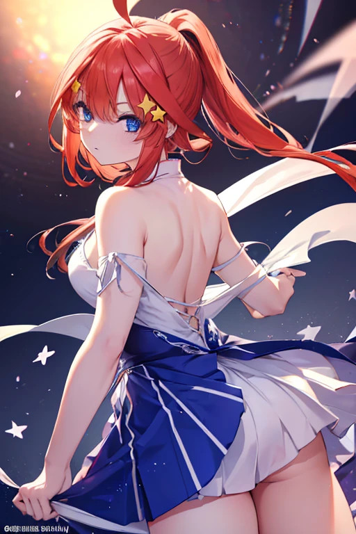 Satsuki Nakano, Itsuki Nakano, Bangs, Blue eyes, hair between eye, Ahoge, Red hair, Underponytail,Star \(symbol\), Hair Ornament, Star hair ornament、,B Leak point:1.2), Best Quality, High resolution, Unity 8k壁纸, (Illustration:0.8), (Beautiful detailed eyes:1.6), extra detailed face, Perfect Lighting, extremely details CG, (Perfect hands, Perfect Anatomy),Dresses with visible backs,a miniskirt,pin heels,venue