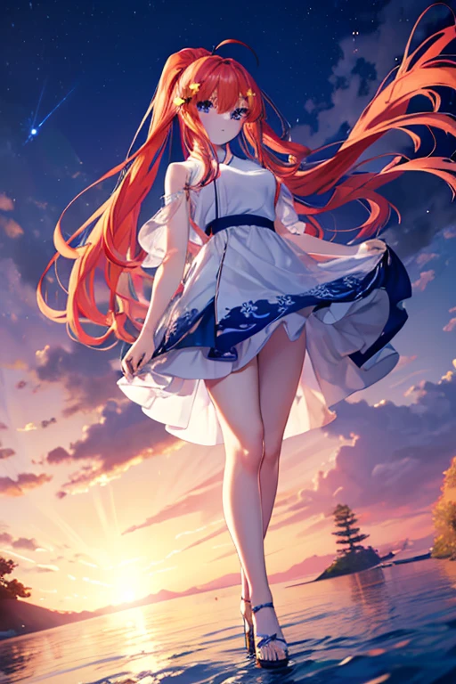 Satsuki Nakano, Itsuki Nakano, Bangs, Blue eyes, hair between eye, Ahoge, Red hair, Underponytail,Star \(symbol\), Hair Ornament, Star hair ornament、,B Leak point:1.2), Best Quality, High resolution, Unity 8k壁纸, (Illustration:0.8), (Beautiful detailed eyes:1.6), extra detailed face, Perfect Lighting, extremely details CG, (Perfect hands, Perfect Anatomy),Dresses with visible backs,a miniskirt,pin heels,venue