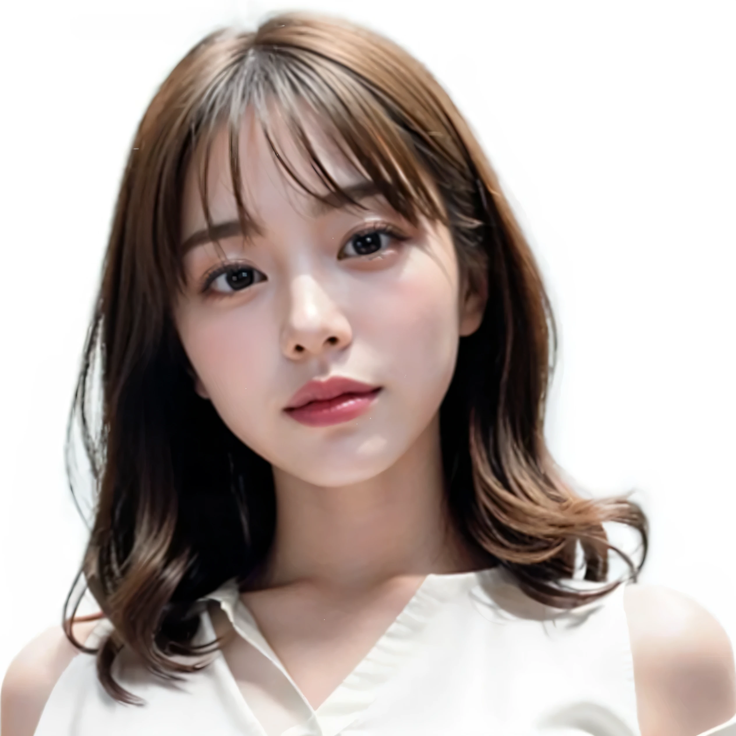 (top-quality、16K resolution) 1 girl、solo、natural soft light、Looking at the camera、Long sleeve white T-shirt、Concrete background、Facing the front、is standing、Woman in her late teens、Light bangs、Salon model、Natural look、portlate、floated hair、Rolled hair