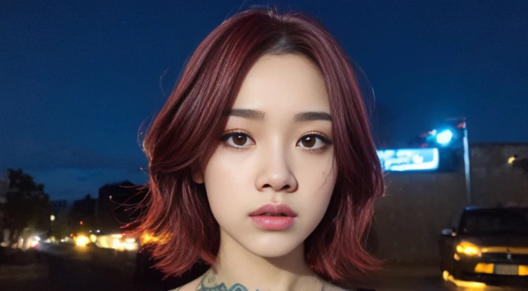 beautiful girl, half body portrait, short bright red disheveled hair, black eyeshadow, (street style wear:1.2), (city background:1.2), dark makeup, digital art, trending on artstation, highly detailed, fine detail, intricate, beautiful detailed glow, detailed, Cinematic light, highres, detailed facial features,sharp focus, smooth, aesthetic, tattooed body,