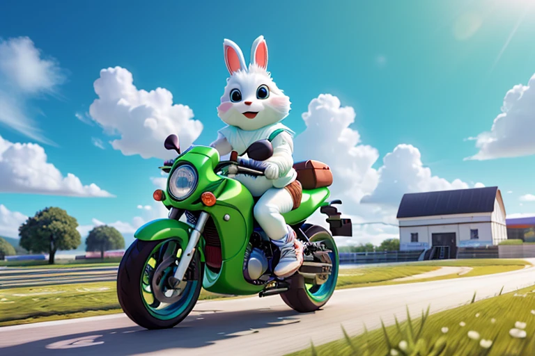 best quality,highres,ultra-detailed,colorful lighting,playful,colorful,detailed,white fluffy bunny riding a motorcycle, wearing a helmet,green grassy background,clear blue sky,joyful expression,soft fur texture,realistic rendering,3D illustration,vibrant colors,bright sunny day