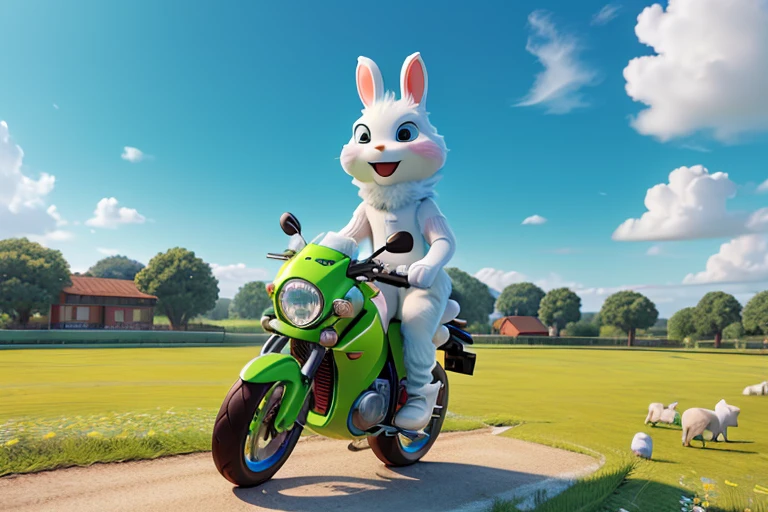 best quality,highres,ultra-detailed,colorful lighting,playful,colorful,detailed,white fluffy bunny riding a motorcycle, wearing a helmet,green grassy background,clear blue sky,joyful expression,soft fur texture,realistic rendering,3D illustration,vibrant colors,bright sunny day