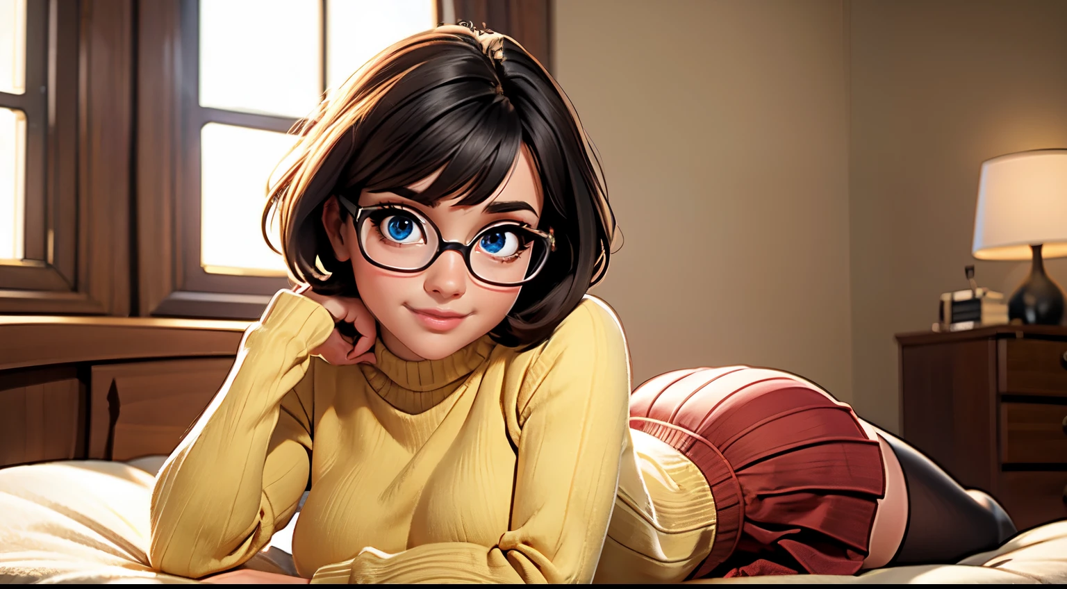 HD, 8k quality, masterpiece, Velma, dream girl, large breasts, beautiful face, blushing, kissing lips, short bob hairstyle, long bangs, perfect makeup, realistic face, detailed eyes, blue eyes, brunette hair, long eyelashes, smiling, spooky bedroom, lying down on bed, thicc body, leaning forward, eyes at viewer, mustard-yellow top, knitted turtle neck sweater, clear lens glasses, cherry-red skirt, schoolgirl skirt, booty, knee high white socks,