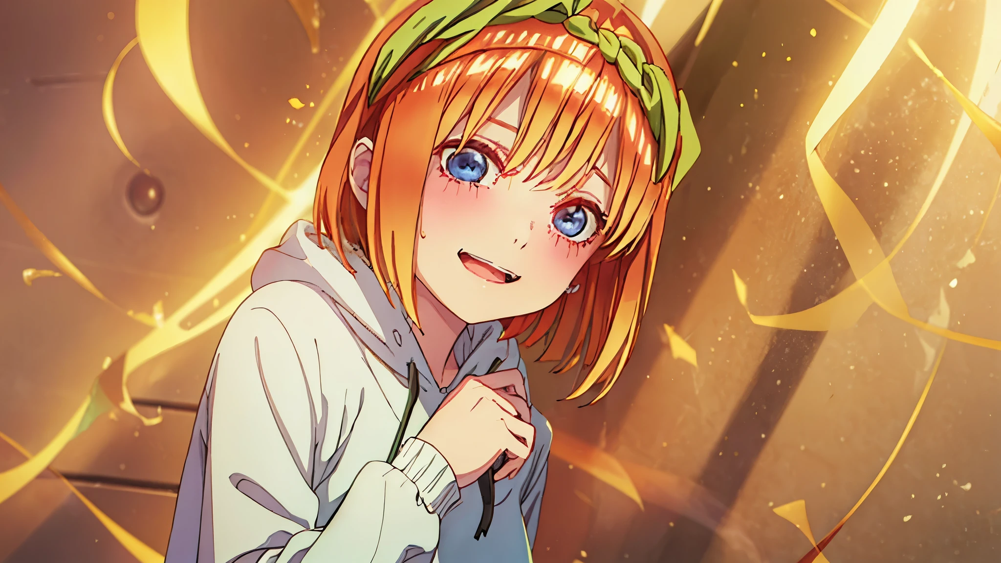 (masutepiece), A sexy、Natural light, Photorealistic, Cameltoe, diffuse glow, depth of fields, big eye、profetional lighting、headband is green、Blue eyes、Hair is orange、hairstyle is short bob、huge smile、Green hoodie、Hands on chest、