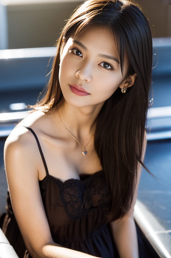(Photoreal Stick:1.5, masutepiece:1.5, 8K, RAW shooting), (top-quality, masterpiece, 超A high resolution), Perfect dynamic composition:1.3, Professional camera work:1.4, Highly detailed skin and facial texture:1.3, Mystical portrait, Grow Light Effect, The ultra-detailliert, 1girl in, ((On the rooftop, the morning sun, Intense sunlight:1.4, Sunlight pouring down from above:1.4, Strong sunlight spreads across the screen:1.4)), (sheer satin nightgown), Model body type, Clear face, (Eyes that feel beautiful eros:0.9, Enraptured look:1.0, i love you completely:0.8, slightly open mouth, A mouthfeel that feels beautiful eros:0.7), (Dark brown medium hair, the hair flutters with the wind), candles, the chest is medium, a necklace, (Shoot with blur:1.5), (fog the lens:1.5), (leaning, Sit up), ((seductiv, Bewitching, low angles))