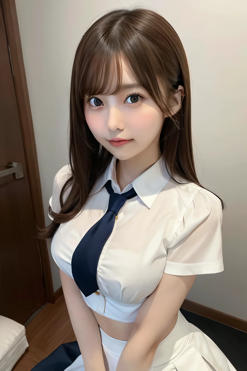 1girl in, Extremely cute face,​masterpiece, top-quality, Ultra-fine、Colossal tits, Brown hair,Bust, star pattern bra、open-shirt、Chest、Blue tie、white  shirt、pleatedskirt、Forward leaning position、all-fours、nogizaka、Beautiful black eyes:1.３、-yeld sc