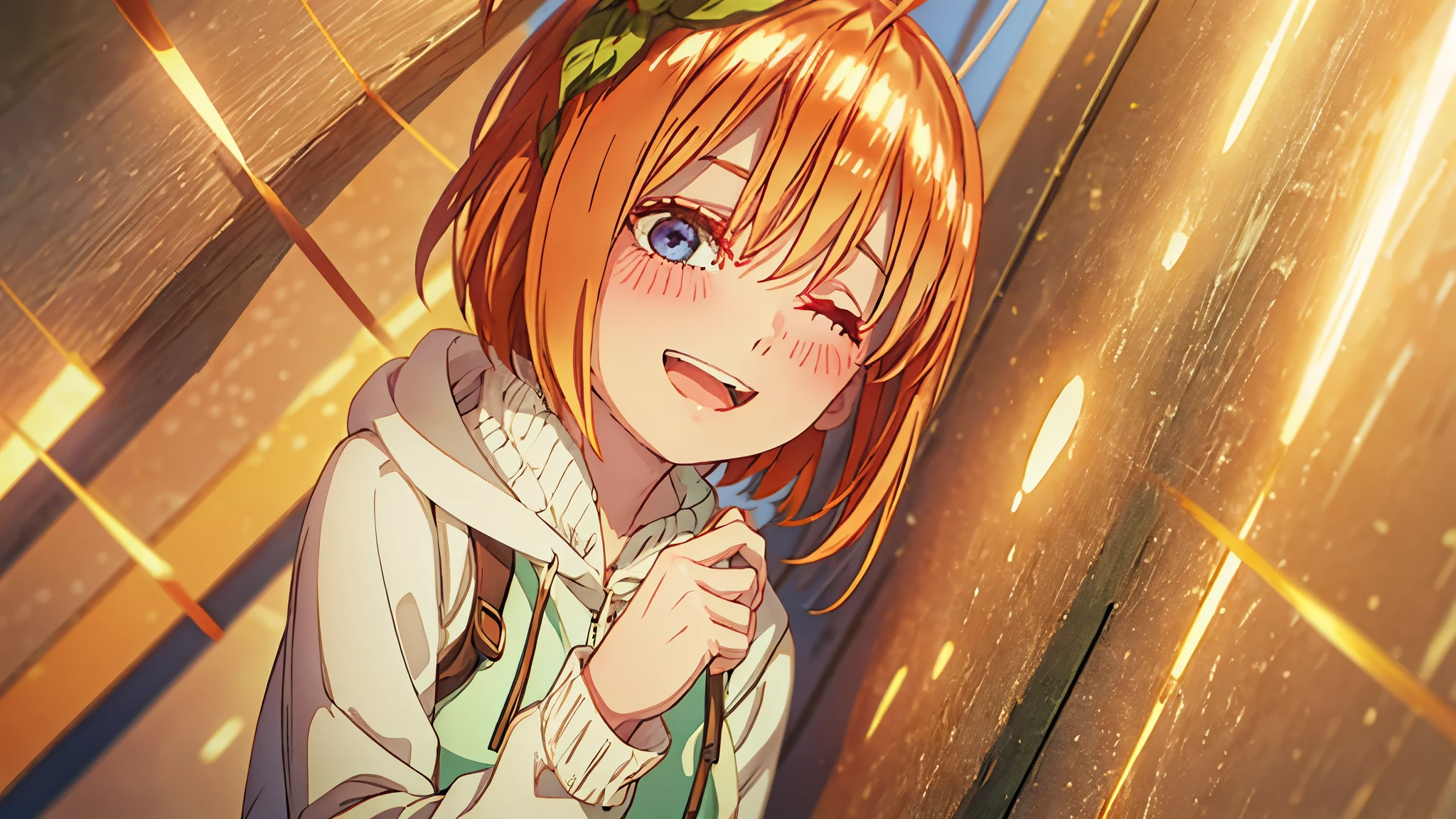 (masutepiece), A sexy、Natural light, Photorealistic, Cameltoe, diffuse glow, depth of fields, big eye、profetional lighting、Both eyes are closed、Hair is orange、hairstyle is short bob、huge smile、Green hoodie、Hands on chest、