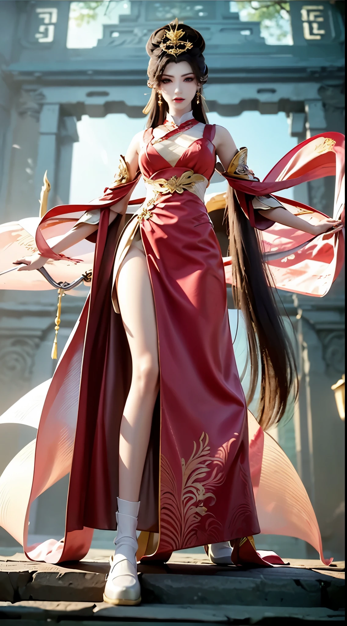 Wearing red and gold clothes，glass in hand, beautiful fantasy empress, Inspired by Lan Ying, chinese empress, 宮 ， A girl in Hanfu, 《genshin impact》Zhongli in Zhongli, Chinese-style, ((beautiful fantasy empress)), inspired by plum trees, 《genshin impact》Ke Qingyu, full body xianxia