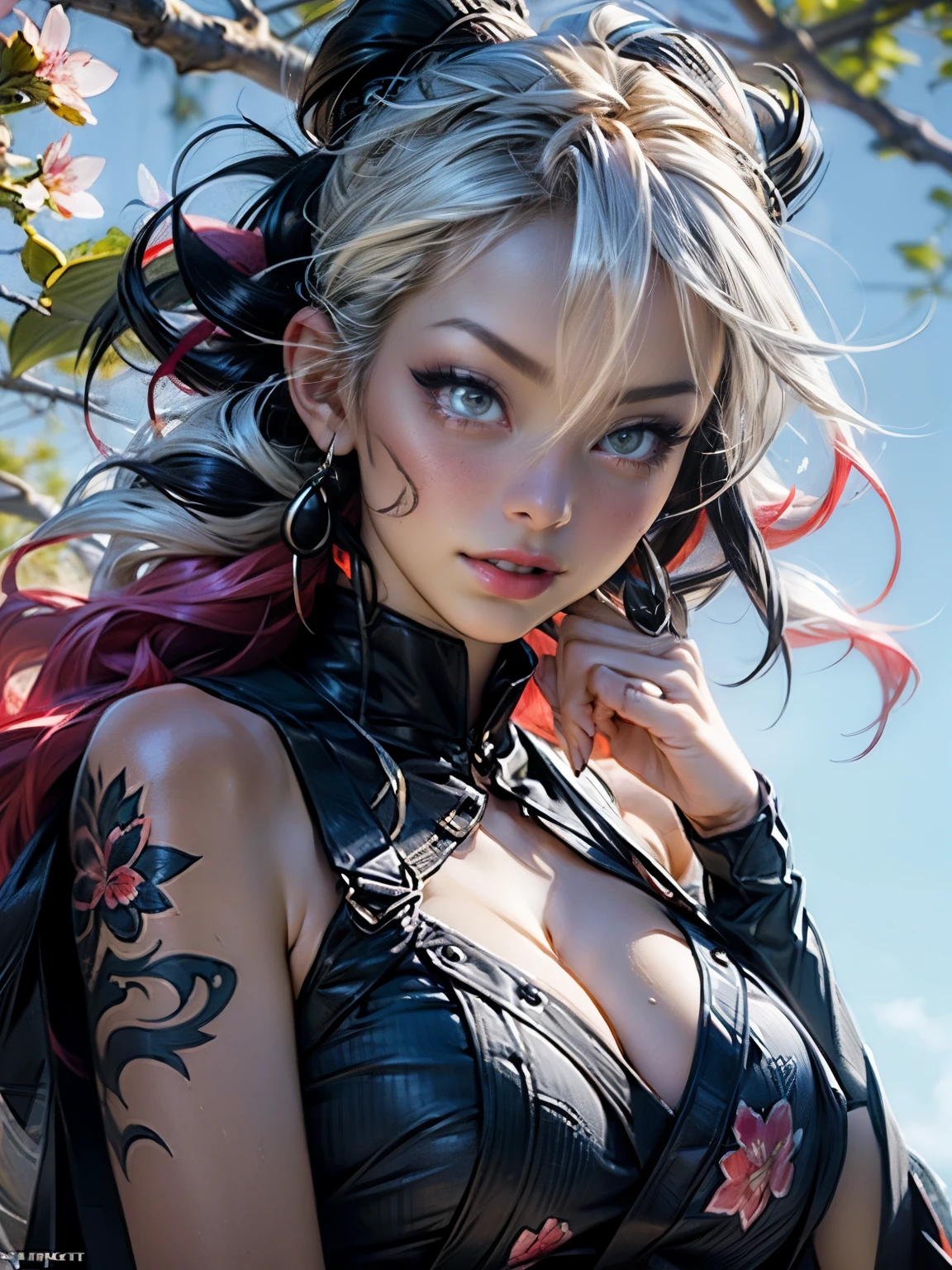 PERFECT MASTERPIECE, EXTREMELY DETAILED CG UNITY 32K UHD QUALITY RESOLUTION WALLPAPER, PHOTOREALISTIC, RAW PHOTO, PERFECT PHOTOGENIC CLARITY, OFFICIAL ART, AWARD-WINNING PORTRAIT, ULTRA HYPER-REALISTIC, ULTRA HYPER-DETAILED, SHINY REALISTIC SKIN, The most beautiful and sexy punk rock geisha, very long black and orange colored hair with ornaments blowing in the wind, vibrant moonlight eyes, long detailed eyelashes, blushing, full pouting pink lips,  type, full hips, tons of tattoos and piercings, super huge enormously gigantic tits, cleavage showing, gigantic tits bursting out of her kimono, wearing the most beautiful and highly detailed Harajuku-inspired punk rock style kimono, arching her back in a sexy seductive slutty pose, looking at the viewer, close up pov camera view from below, sexy seductive horny slutty facial expression, cherry blossoms blowing in the wind, futuristic feudal Japan background.