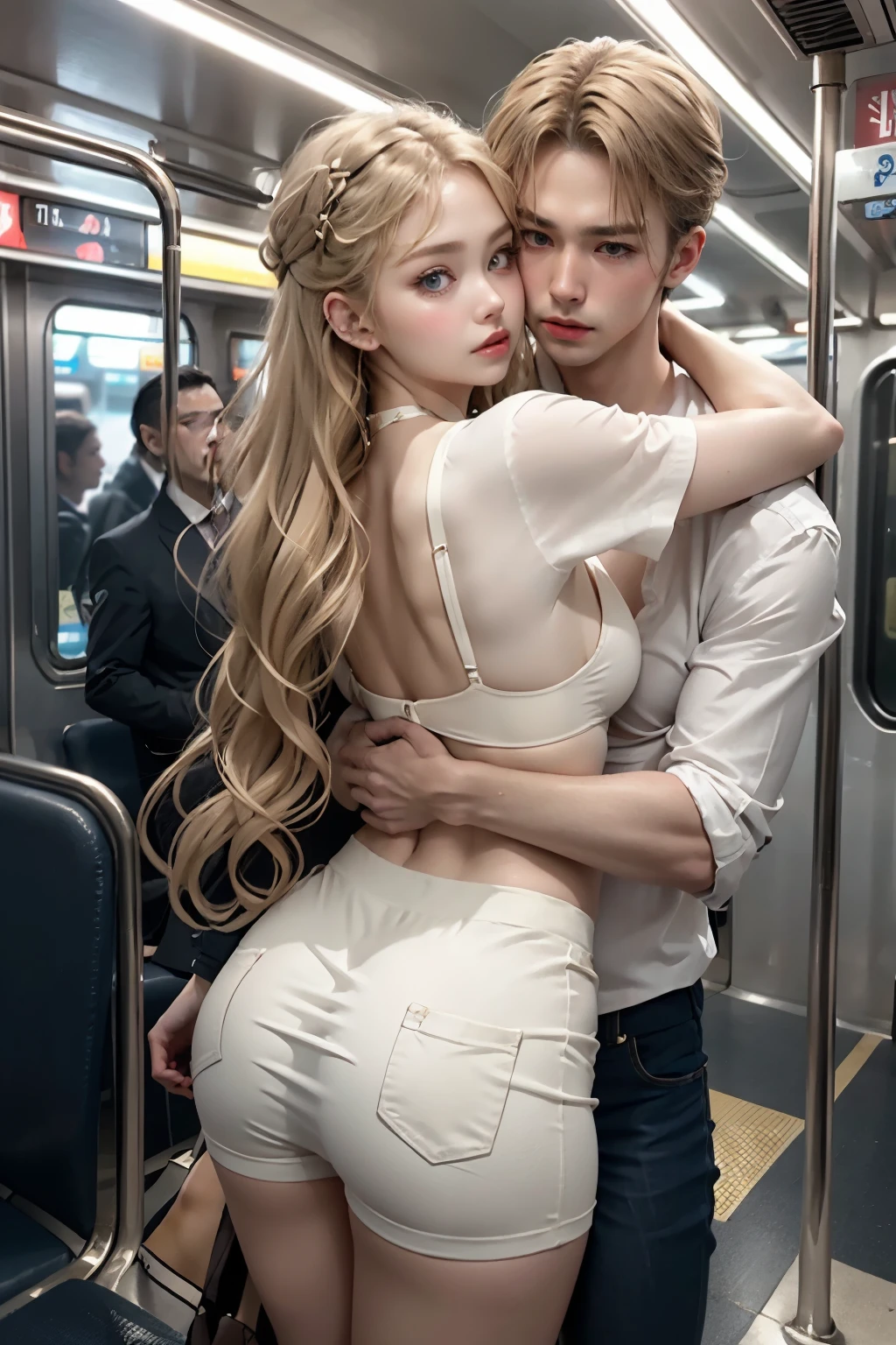 The train crowded several men hugging her from behind.、Talking in her ear,other men picking her up on their lap,picking her up,mini white skirt swinging up, 40k, change, masutepiece, Best Quality, Dark gray background, (1girl blue eyes and blonde hair soon curly), she swings her skirt、Do a sexy round until the big ass is waiting with the chest out。.: 1.3), (white plunging open shirt: 1.3),elderly man leaning against the back picking her up,Poses variadas.