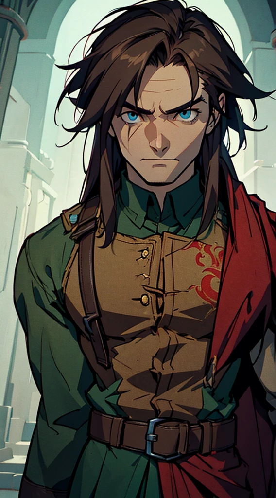 full body, dark green uniform, red-brown cloak, tattered clothes, gritty soldier, dirty, exhausted, noble, tired, victorious, anime, Art Deco, Gothic art, anime style, anatomically correct, masterpiece, high details, high quality, beautifully detailed eyes, captivating gaze, vivid colors, skillfully executed lighting, studio lighting techniques bringing out the man's features and the overall mood of the scene
