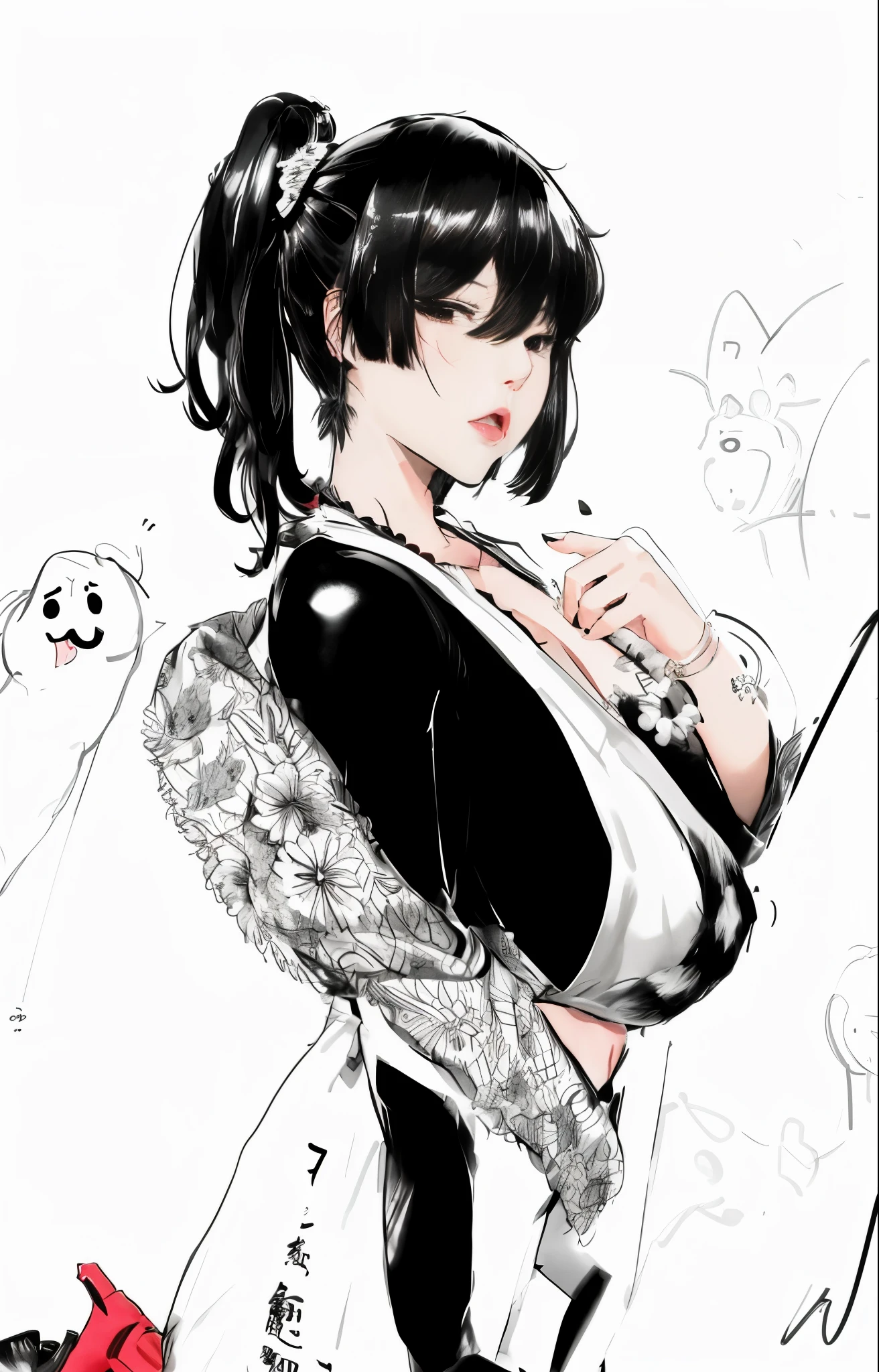 黑白Manhwa Style, anime woman, fur covered her, Thick black line drawing, 美丽迷人anime woman, Kneeling pose,high-heels, low res, In Pixiv, Very fine ink line drawing, Manhwa Style, black and white sketch, Line!!