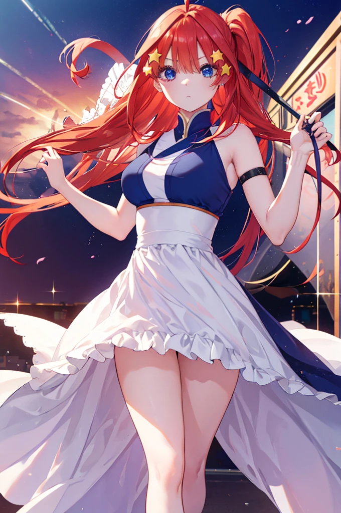 Satsuki Nakano, Itsuki Nakano, Bangs, Blue eyes, hair between eye, Ahoge, Red hair, Underponytail,Star \(symbol\), Hair Ornament, Star hair ornament、,B Leak point:1.2), Best Quality, High resolution, Unity 8k壁纸, (Illustration:0.8), (Beautiful detailed eyes:1.6), extra detailed face, Perfect Lighting, extremely details CG, (Perfect hands, Perfect Anatomy),Dresses with visible backs,a miniskirt,pin heels,venue