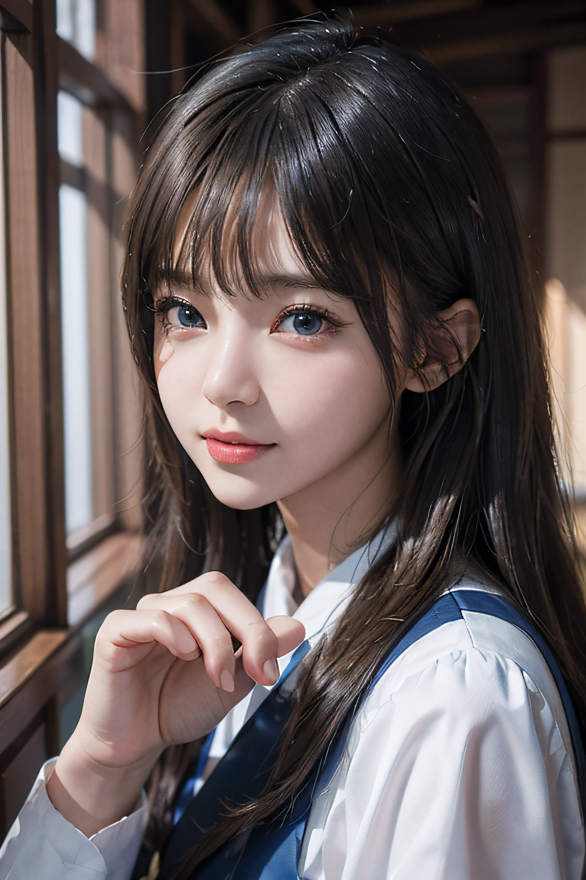 masterpiece, 1 Beautiful Girl, 詳細な目, Swollen eyes, Top Quality, 超High Resolution A, (Reality: 1.4), cinematic lightings, Japanese people, Trendy Korean cosmetics、Asian Beauty, It's very, very beautiful, Beautiful skins, skinny, Forward-facing body, (A hyper-realistic), (Hight Resolution), (8K), (ighly in detail), ( Best Illustration), (Beautifully detailed eyes), (extremely highly detailed), (wall paper), Detailed face, bright lighting, Professional Lighting, looking looking at viewer, face the front、pixie cut、neat and clean clothes、The background is slightly blurred、hair color is black.、Hair color is partly light blue、Japanese School Girls、School white and navy blue uniform、amazing smile、eye color is brown、tits huge
