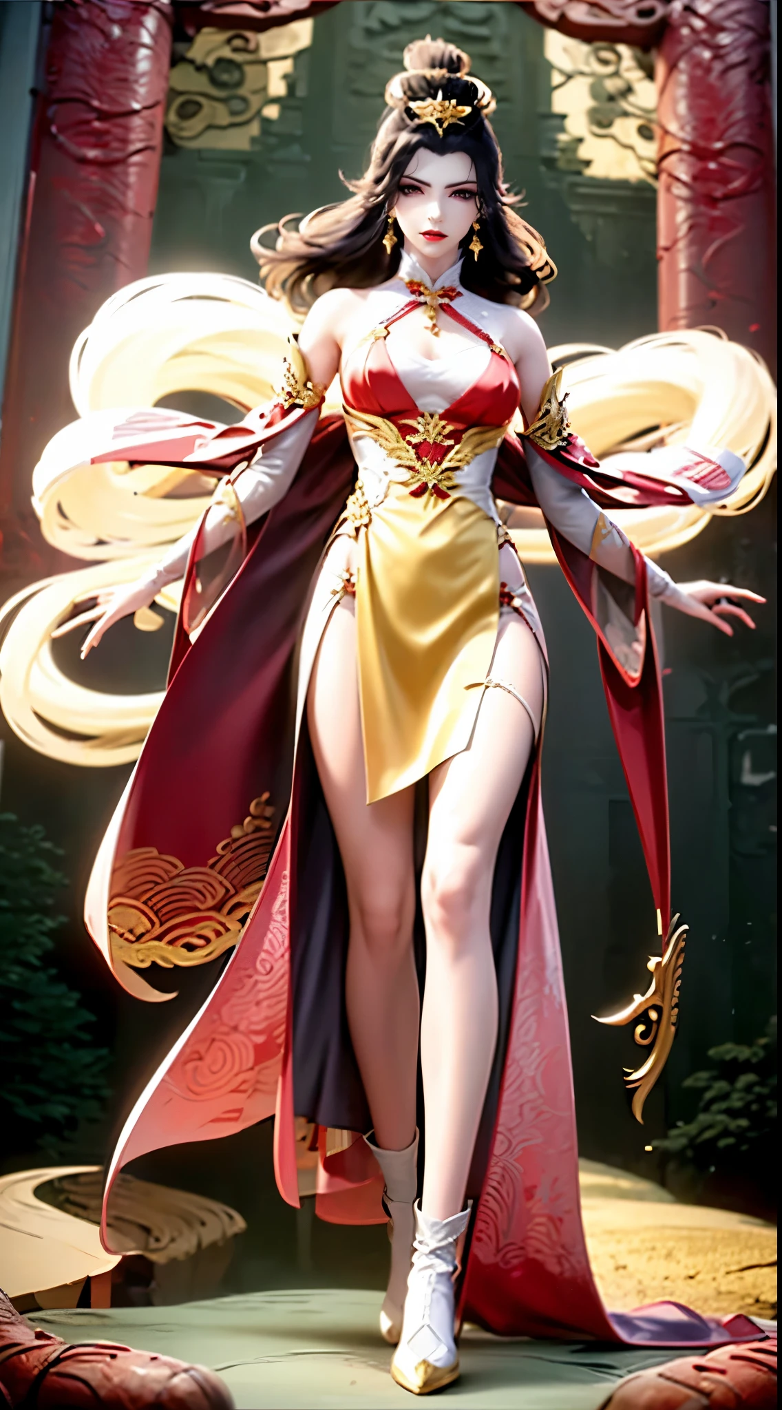 Wearing red and gold clothes，glass in hand, beautiful fantasy empress, Inspired by Lan Ying, chinese empress, 宮 ， A girl in Hanfu, 《genshin impact》Zhongli in Zhongli, Chinese-style, ((beautiful fantasy empress)), inspired by plum trees, 《genshin impact》Ke Qingyu, full body xianxia