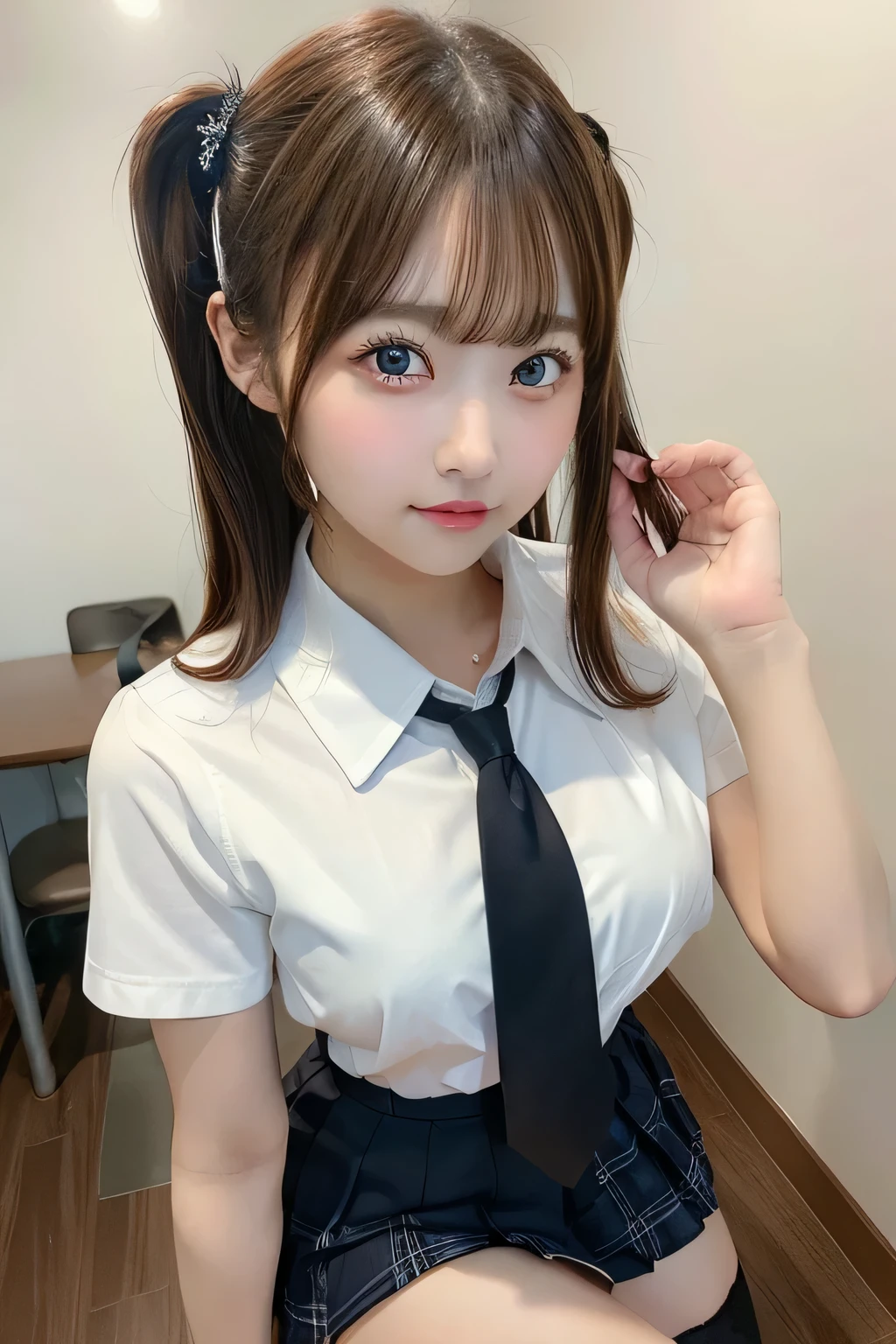 1girl in, Extremely cute face,masterpiece, top-quality, Ultra-fine、Colossal tits, Brown hair,Bust, Twintails with brown hair、short-hair、All for the sake of the valley of beauty、star pattern bra、open-shirt、Chest、Blue tie、white shirt、pleatedskirt、Forward leaning position、all-fours、nogizaka、Beautiful black eyes:1.3、17-year-old schoolgirl