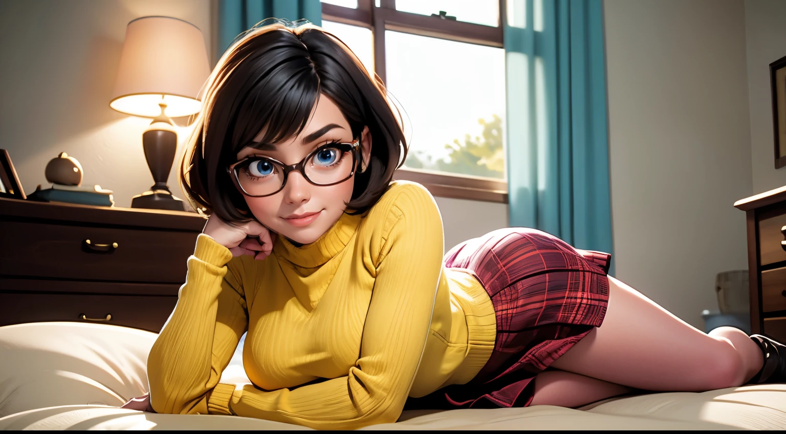 HD, 8k quality, masterpiece, Velma, dream girl, large breasts, beautiful face, blushing, kissing lips, short bob hairstyle, long bangs, perfect makeup, realistic face, detailed eyes, blue eyes, brunette hair, long eyelashes, smiling, spooky bedroom, lying down on bed, thicc body, leaning forward, eyes at viewer, mustard-yellow top, knitted turtle neck sweater, clear lens glasses, cherry-red skirt, schoolgirl skirt, booty, knee high white socks,