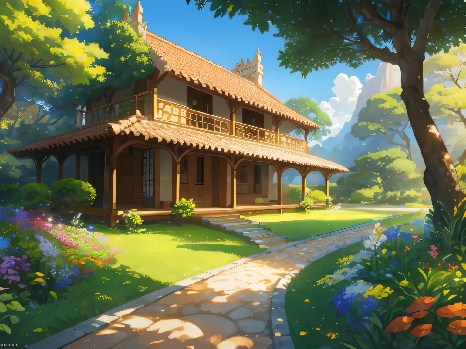 Uma casa moderna de dois andares com telhado de vidro e cobre com um pouco de musgo, em um lindo prado com flores silvestres, uma floresta e um rio, janelas amplas para entrada de luz natural, masterpiece, the landscape is peaceful, arte digital.