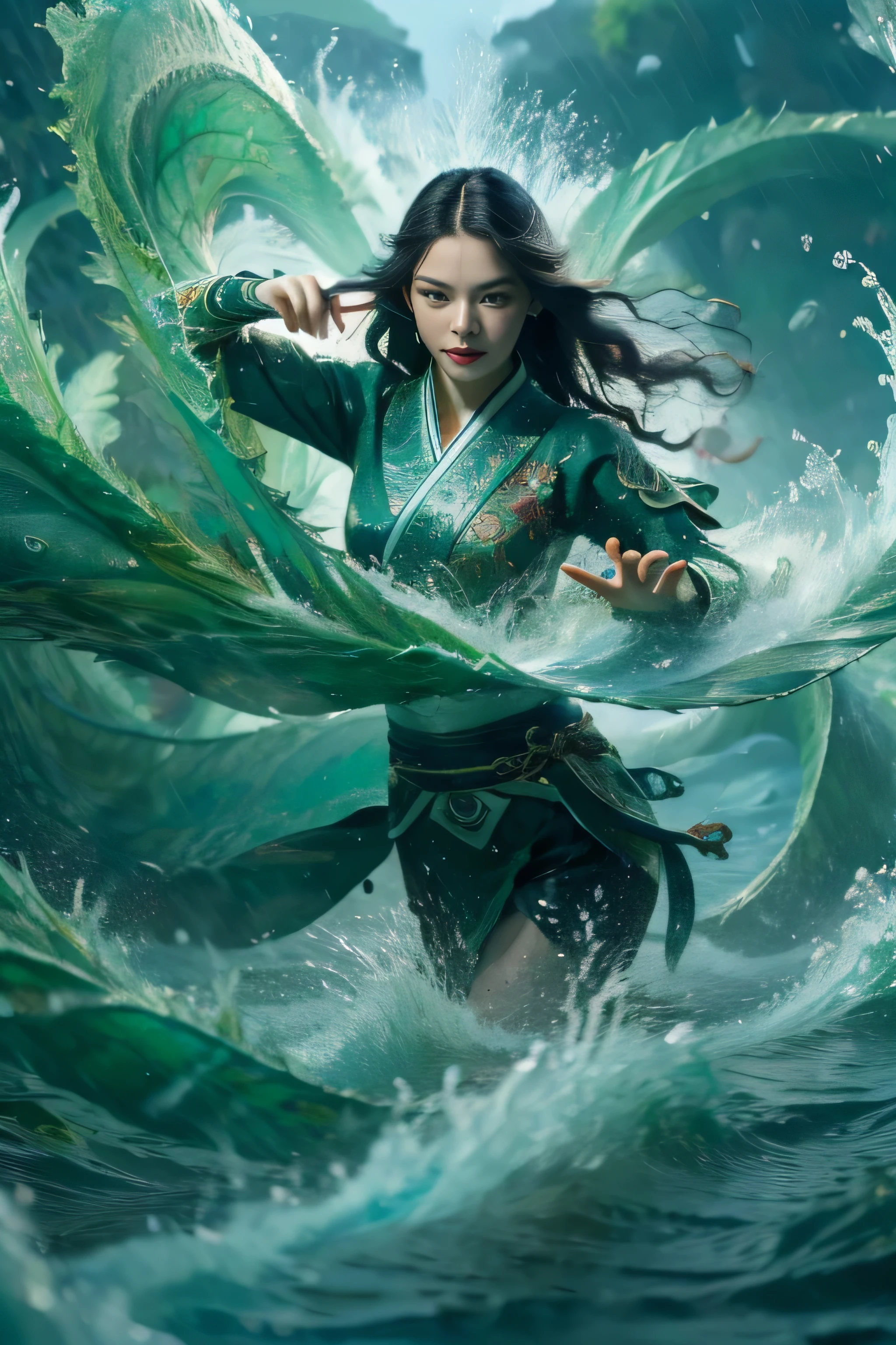The best picture quality, masterpiece, super high resolution, legendary plot, jade water tree, girl solo, dark green long hair, floating in the sea, water ripples, rain flying, red lips slightly opened, the whole body shines.chinesedragon