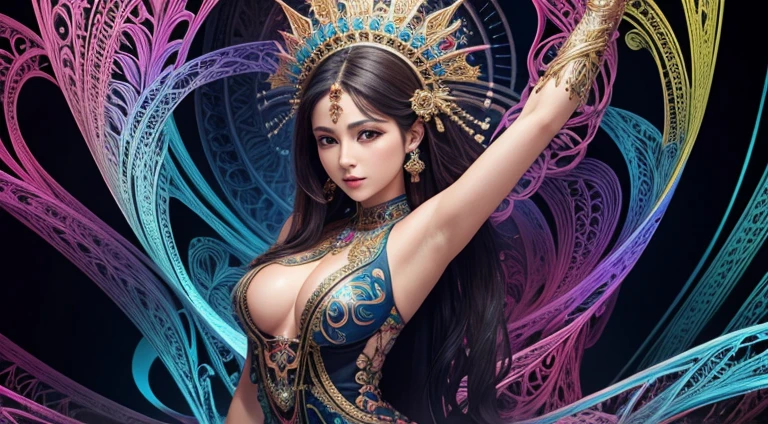 (masterpiece, top quality, best quality, official art, beautiful and aesthetic:1.2), (1girl:1.3), extremely detailed,(fractal art:1.2),colorful,highest detailed,(zentangle:1.2), (dynamic pose), (abstract background:1.5), (treditional dress:1.2), (shiny skin), (many colors:1.4), upper body