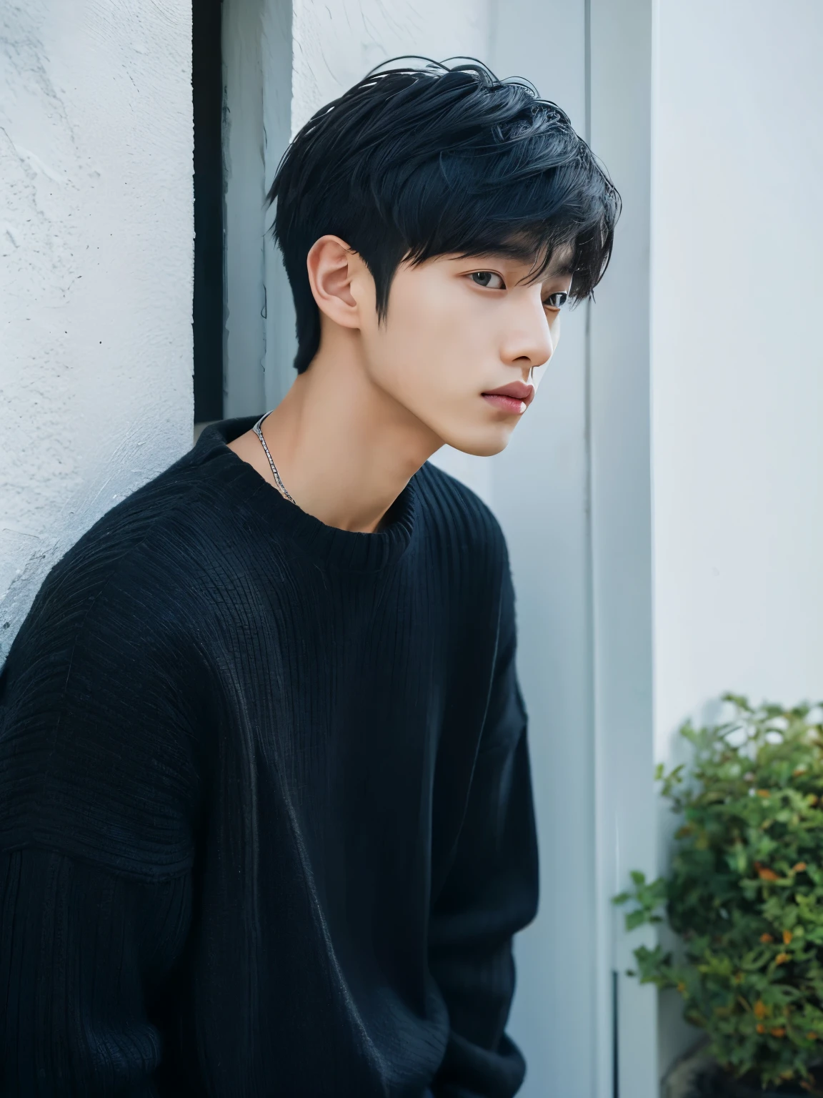 Close-up of a man wearing a black shirt and black sweater, Kim Do-yeon, Shin Jingyin(Shin Jingyin), inspired by Zhang Han, Cai Xukun's, inspired by Bian Shoumin, portrait of jossi of blackpink, male ulzzang, soft portrait shot 8 k, Blade of the Drain Gang, 27 year old boy'Pale face、Mashed Hair、Japanese man with bowl cut、white walls、Taken in front of the white door、(窓のあるwhite wallsの部屋)、Poses variadas、Autumn clothes、Winter clothes、Shot in natural light、dong'don't watch the mela、profile