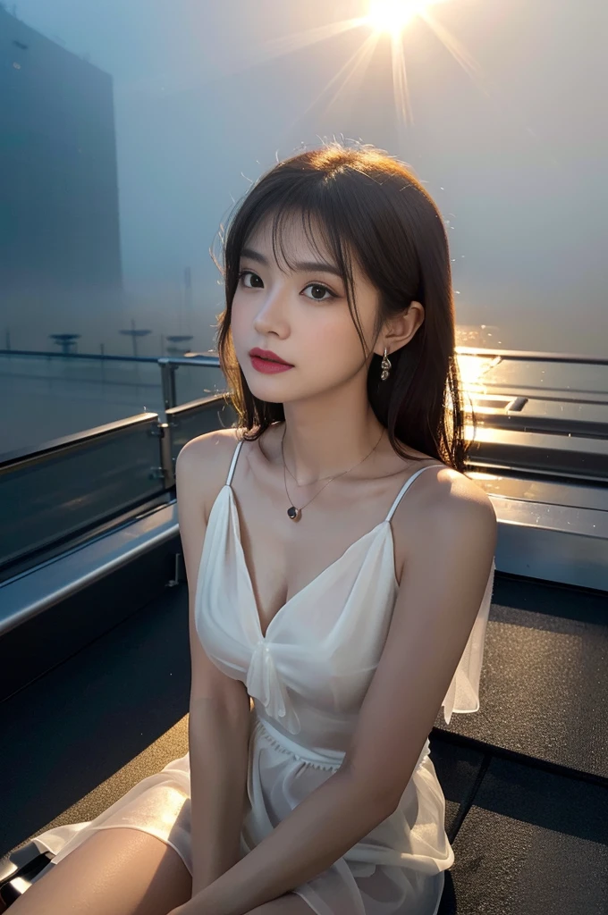 (Photoreal Stick:1.5, masutepiece:1.5, 8K, RAW shooting), (top-quality, ​masterpiece, 超A high resolution), Perfect dynamic composition:1.3, Professional camera work:1.4, Highly detailed skin and facial texture:1.3, Mystical portrait, Grow Light Effect, The ultra-detailliert, 1girl in, ((On the rooftop, the morning sun, Intense sunlight:1.4, Sunlight pouring down from above:1.4, Strong sunlight spreads across the screen:1.4)), (sheer satin nightgown), Model body type, Clear face, (Eyes that feel beautiful eros:0.9, Enraptured look:1.0, i love you completely:0.8, slightly open mouth, A mouthfeel that feels beautiful eros:0.7), (Dark brown medium hair, the hair flutters with the wind), candles, the chest is medium, a necklace, (Shoot with blur:1.5), (fog the lens:1.5), (leaning, Sit up), ((seductiv, Bewitching, low angles))