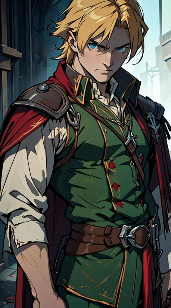 full body, dark green uniform, red-brown cloak, tattered clothes, bloodstained clothes, gritty soldier, dirty, exhausted, noble, tired, victorious, blond, blue eyes, anime, Art Deco, Gothic art, anime style, anatomically correct, masterpiece, high details, high quality, beautifully detailed eyes, captivating gaze, vivid colors, skillfully executed lighting, studio lighting techniques bringing out the man's features and the overall mood of the scene