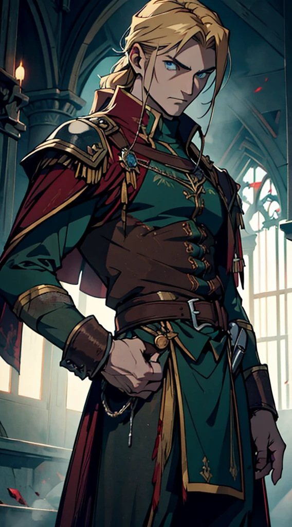 full body, dark green uniform, red-brown cloak, tattered clothes, bloodstained clothes, gritty soldier, dirty, exhausted, noble, tired, victorious, blond, blue eyes, anime, Art Deco, Gothic art, anime style, anatomically correct, masterpiece, high details, high quality, beautifully detailed eyes, captivating gaze, vivid colors, skillfully executed lighting, studio lighting techniques bringing out the man's features and the overall mood of the scene