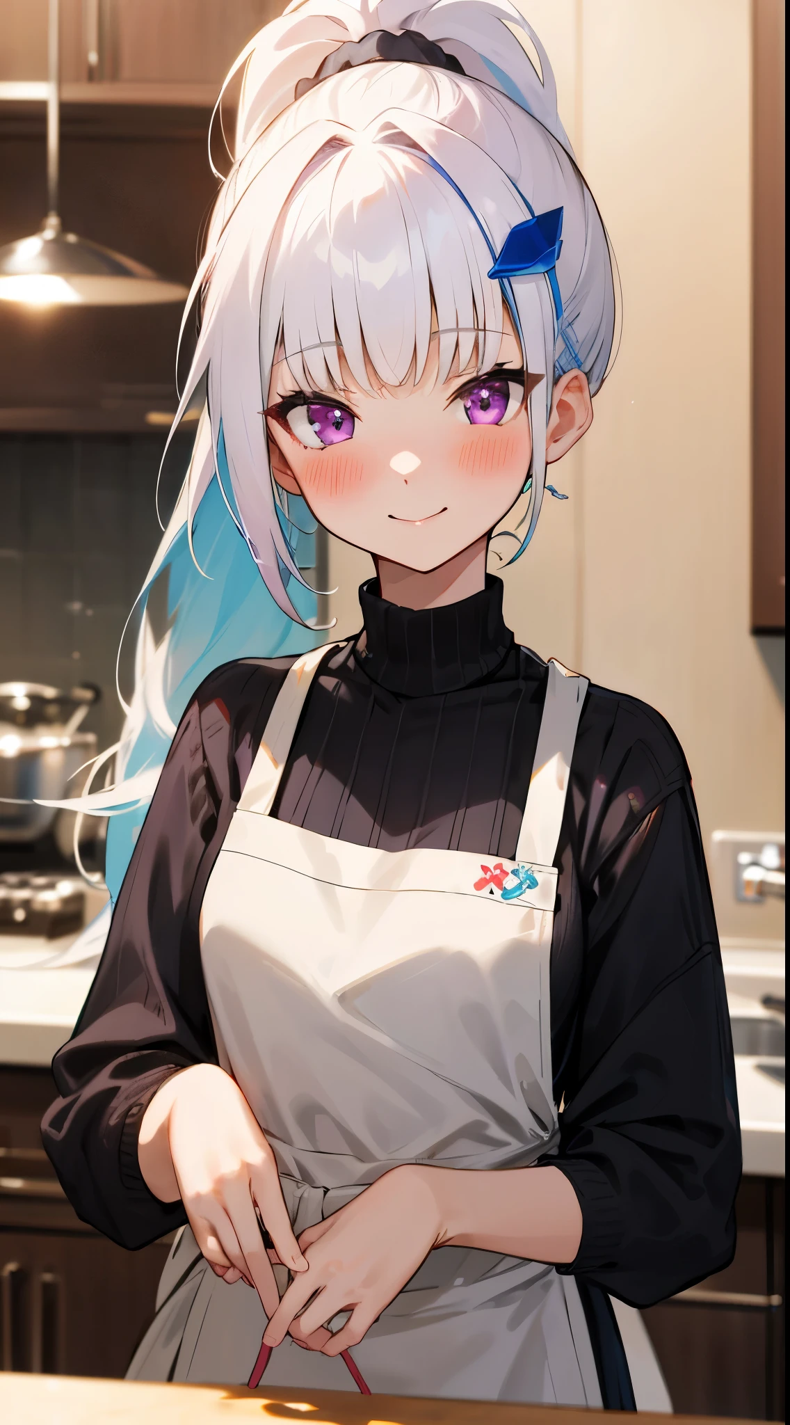 One girl with high ponytail hair, bangs, white hair, blue inner hair:1.25) , purple eyes, looking at viewer, blushing, little smile, indoor, kitchen, sweaters, apron, standing, mid-chest, day atmosphere, hair ornament, medium breasts, upper body, focus, blurry background,