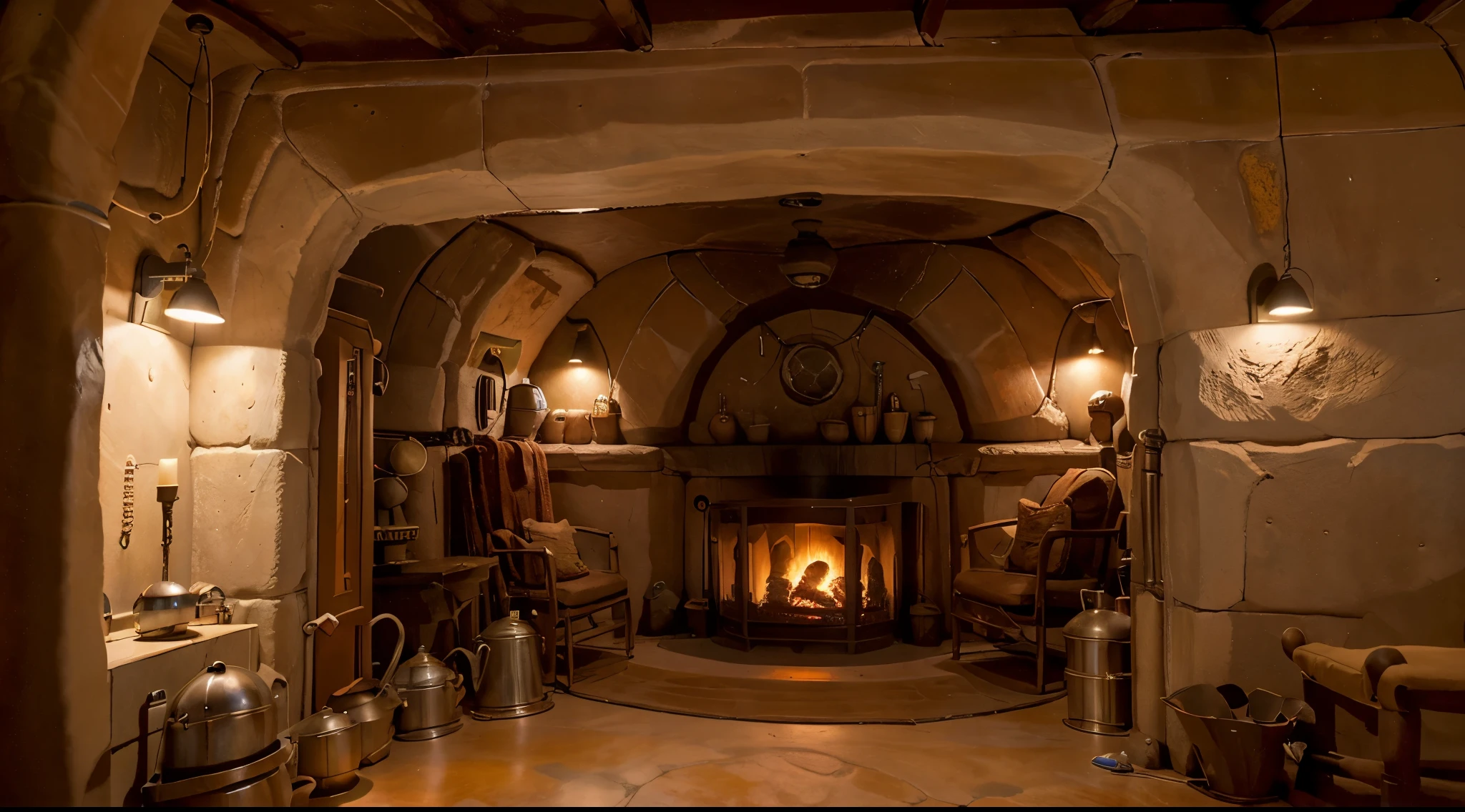 tecnological station hobbit house fireplace and cozy interior in mars colony, showing the mars surface trought the big window, mars sky at day, mars rocks, mars ambience, a astronaut costume and helmet hanging in wall