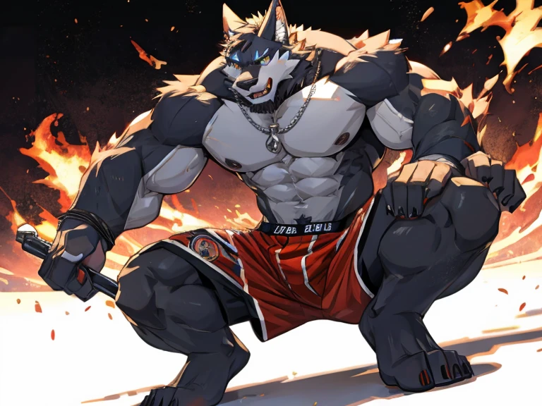 Silver Werewolf、creature、red eyes、Wrestlers、Fighting stance