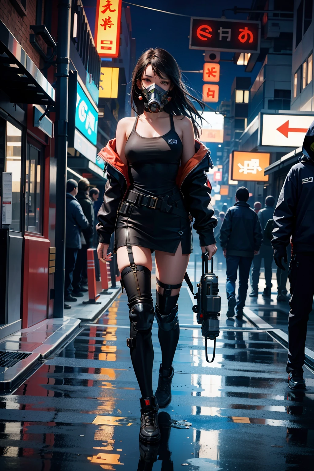 (masterpiece), (best quality), 1girl, 20 years old, sexy, cyberpunk style, wearing gas mask, full body, walking on the street, night city, bare shoulder