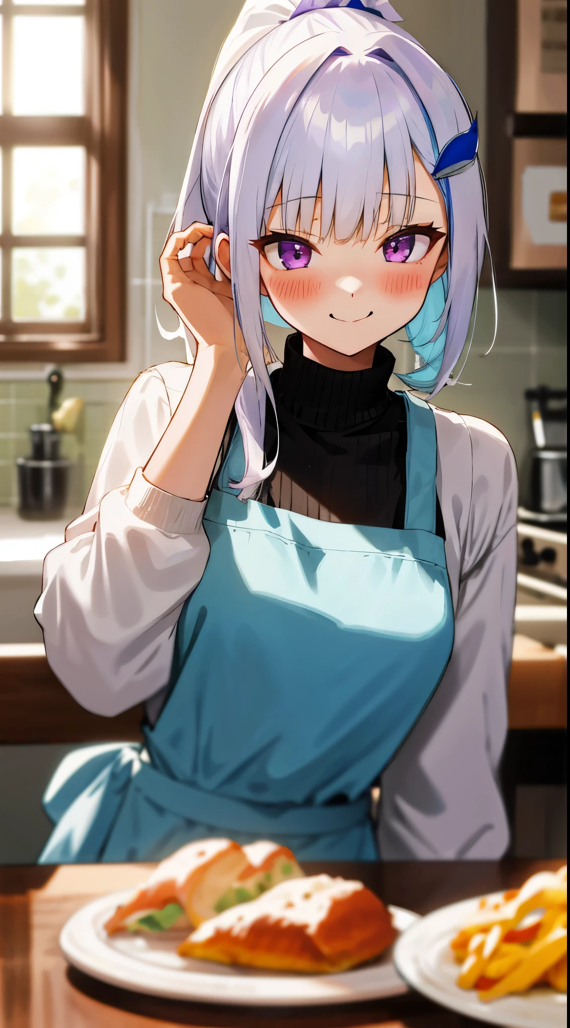 One girl with high ponytail hair, bangs, white hair, blue inner hair:1.25) , purple eyes, looking at viewer, blushing, little smile, indoor, dining room, kitchen, table, sitting, sweaters, apron, mid-chest, day atmosphere, hair ornament, medium breasts, upper body, focus, blurry background, food, hands in face