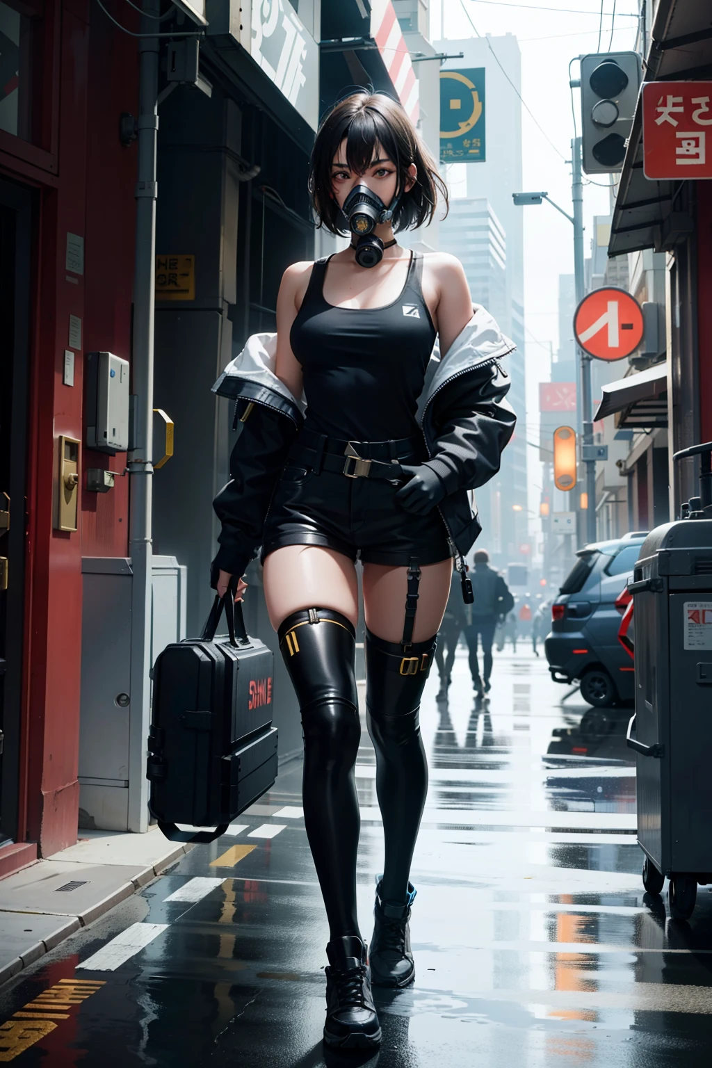 (masterpiece), (best quality), 1girl, 20 years old, sexy, cyberpunk style, wearing gas mask, full body, walking on the street, night city, bare shoulder