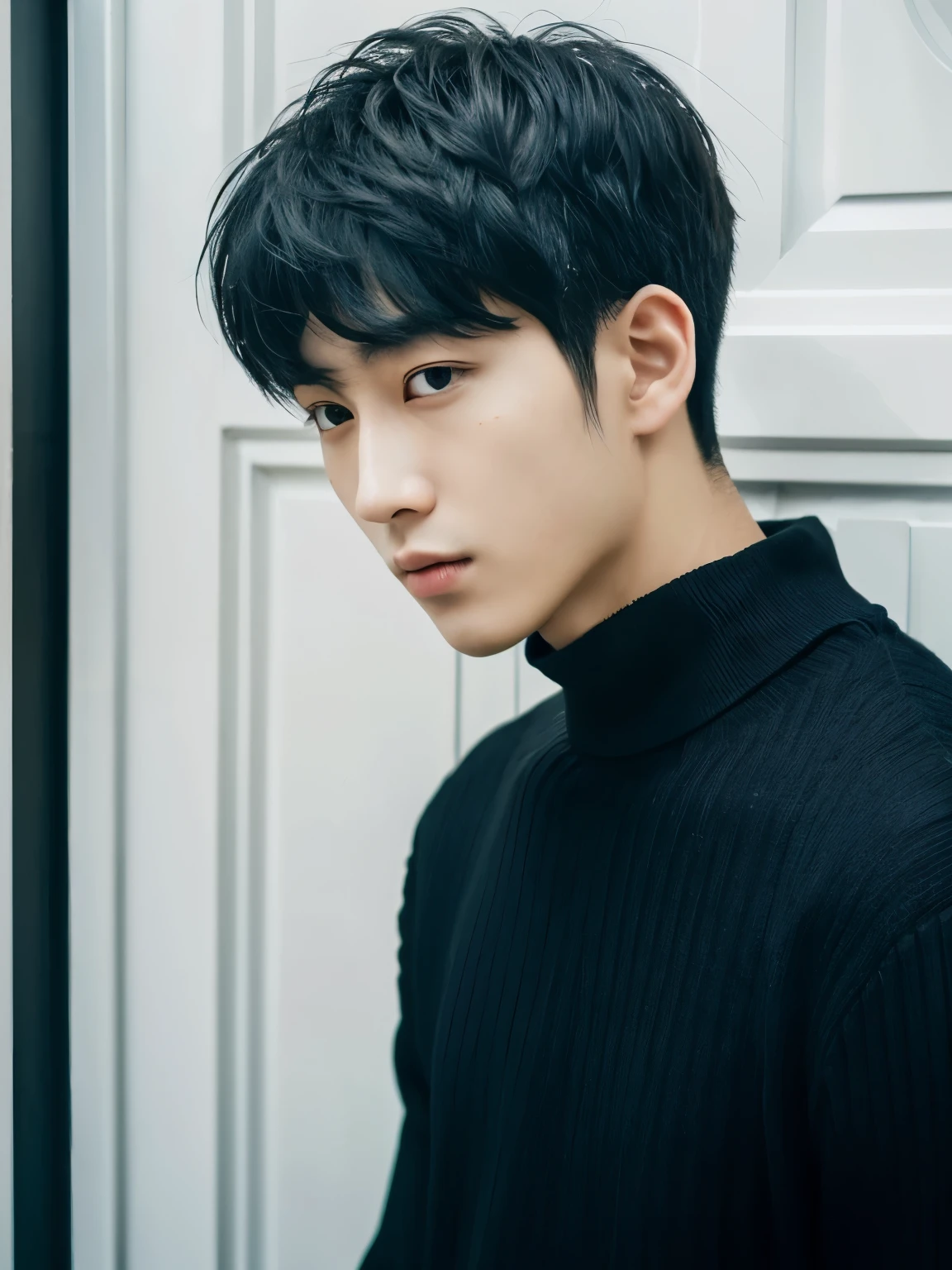 Close-up of a man wearing a black shirt and black sweater, Kim Do-yeon, Shin Jingyin(Shin Jingyin), inspired by Zhang Han, Cai Xukun's, inspired by Bian Shoumin, portrait of jossi of blackpink, male ulzzang, soft portrait shot 8 k, Blade of the Drain Gang, 27 year old boy'Pale face、Mashed Hair、Japanese man with bowl cut、white walls、Taken in front of the white door、(窓のあるwhite wallsの部屋)、Poses variadas、Autumn clothes、Winter clothes、Shot in natural light、dong'don't watch the mela、profile