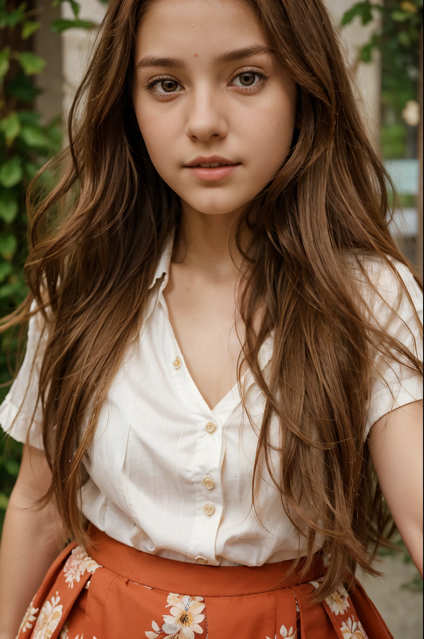 You
Genarate a realistic picture of a girl the age 13-15 with long wavy chestnut hair brown eyes and soft features wearing a pretty blouse and floral skirt and red flats