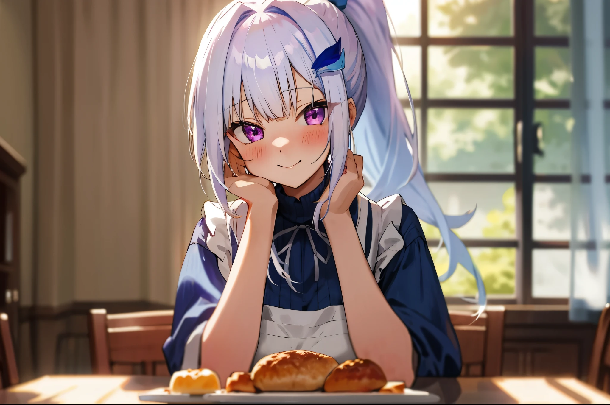 One girl with high ponytail hair, bangs, white hair, blue inner hair:1.25) , purple eyes, looking at viewer, blushing, little smile, indoor, dining room, kitchen, table, sitting, sweaters, apron, mid-chest, day atmosphere, hair ornament, medium breasts, upper body, focus, blurry background, food, hands in face