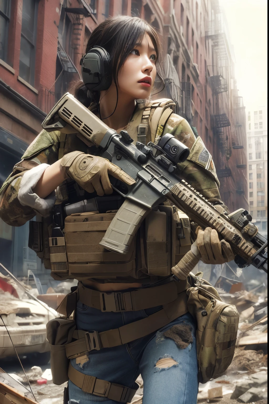 Photorealsitic、Realistic skin textures、automatic rifle、rubble