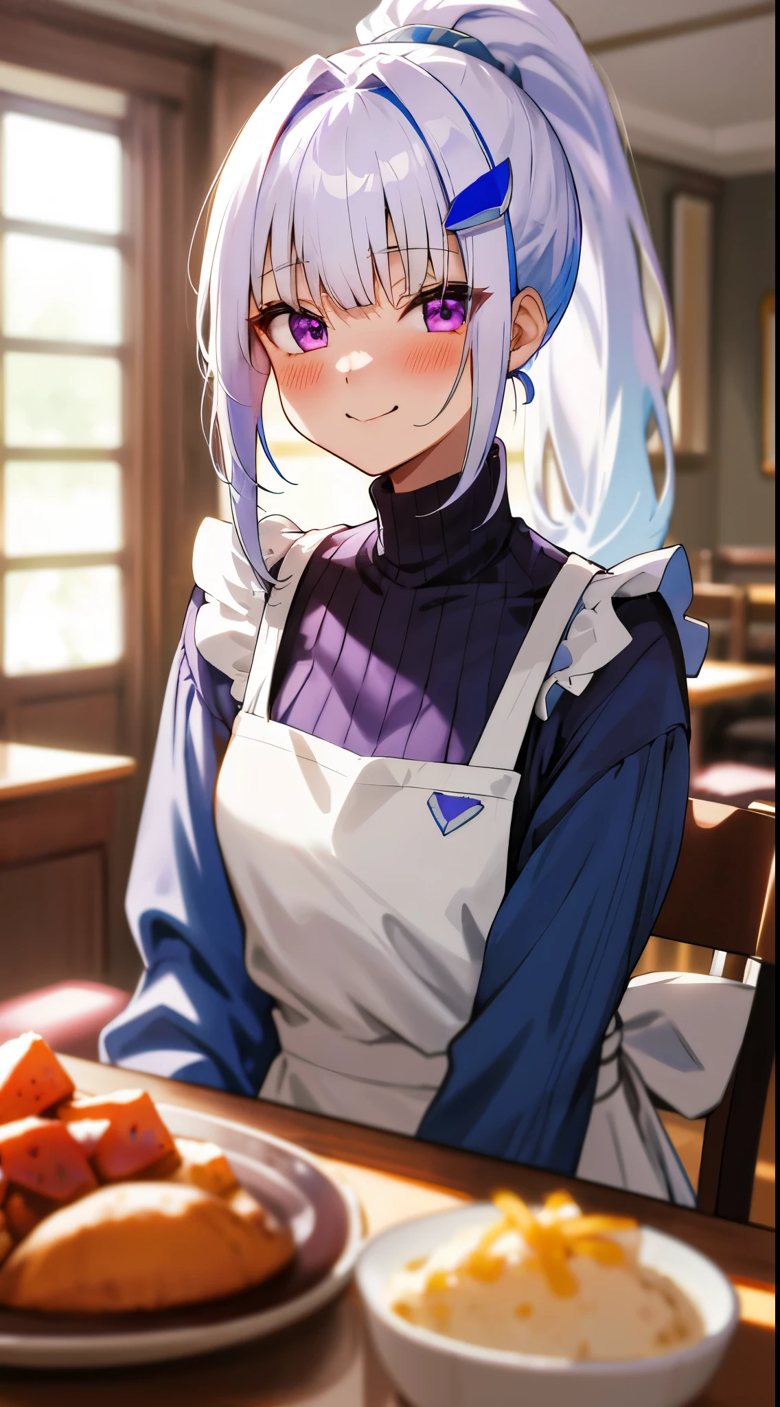 One girl with high ponytail hair, bangs, white hair, blue inner hair:1.25) , purple eyes, looking at viewer, blushing, little smile, indoor, dining room, table, sitting, sweaters, apron, mid-chest, day atmosphere, hair ornament, medium breasts, upper body, focus, blurry background, food, ladle