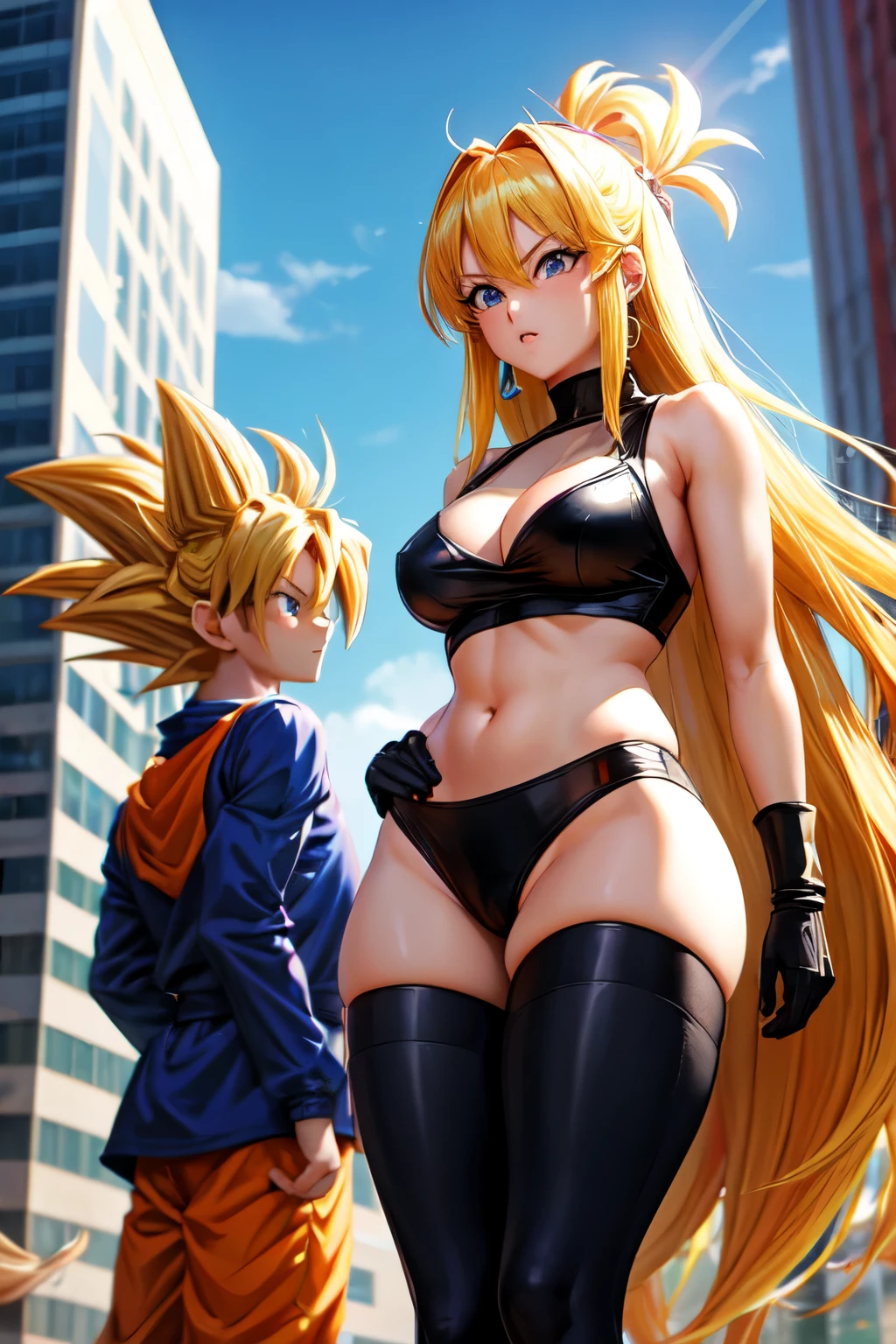 2persons,goku,golden hair,super saiya,two poeple,figth with women sexy,background in the city,
