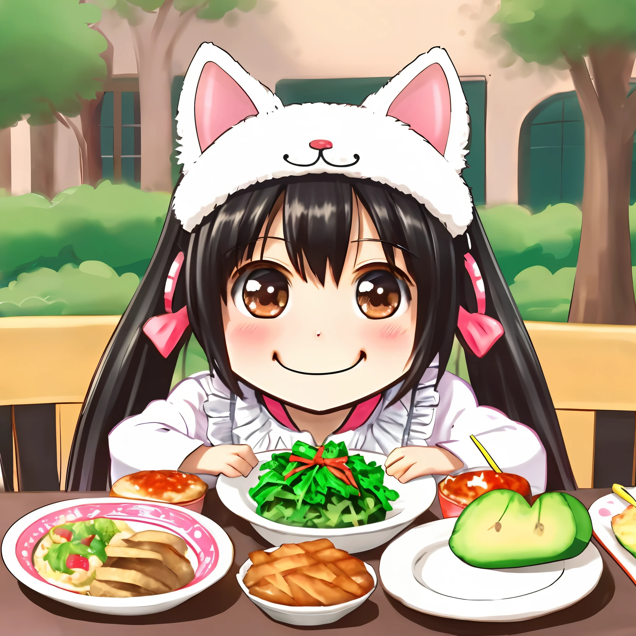 chibi character anime style、Cute smiling chibi loli cat girl having lunch