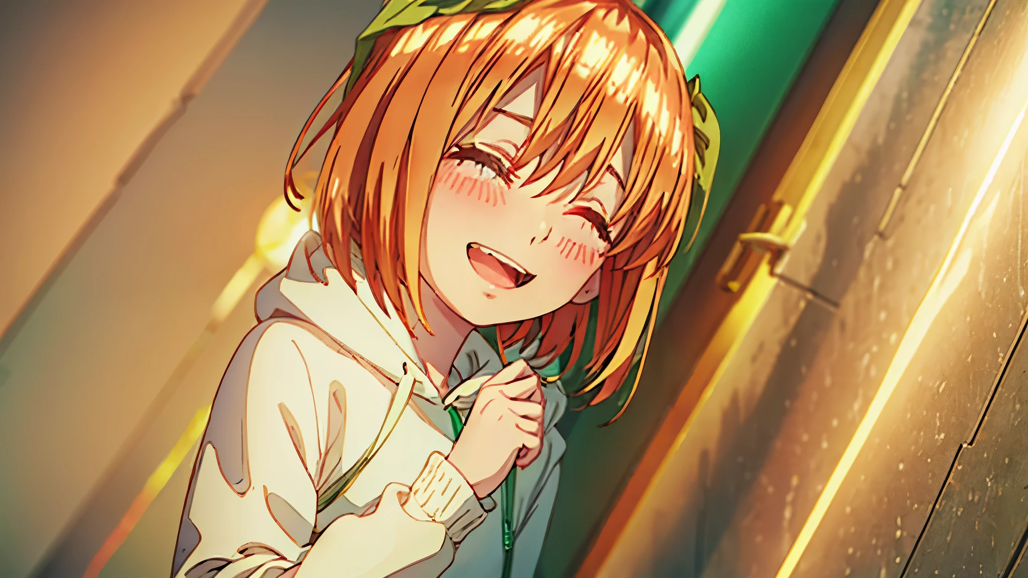 (masutepiece), A sexy、Natural light, Photorealistic, Cameltoe, diffuse glow, depth of fields, big eye、profetional lighting、Both eyes are closed、Hair is orange、hairstyle is short bob、huge smile、Green hoodie、Hands on chest、Green background