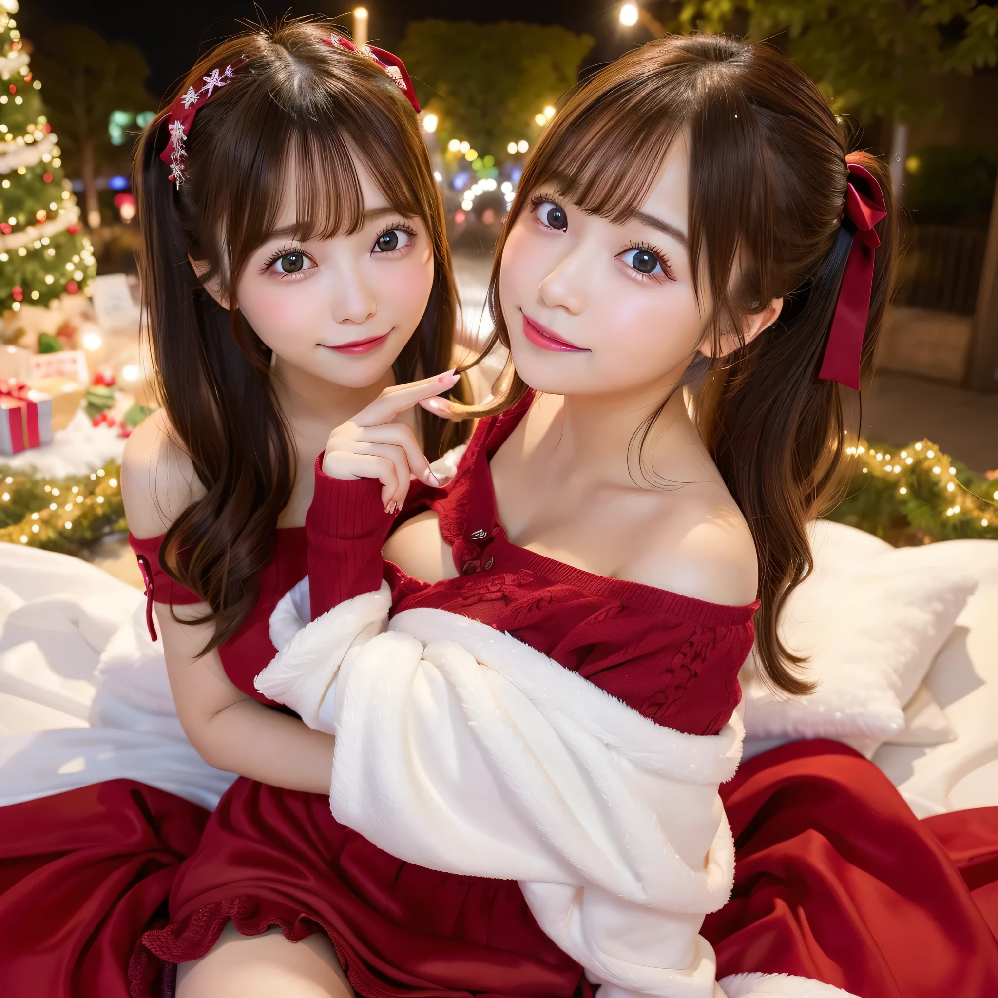 1girl in, Extremely cute face(girl in a beautiful red dress),Half-sleeved、Navel、独奏、Beautiful valley、Colossal tits、on the beds、 Twintails with brown hair、short-hair、white and pink world、Pink decoration、Christmas,Fun atmosphere,Twinkling lights,Beautiful decoration、soft snowflakes fall,Best Quality,4K,Ultra-detailed,Vibrant colors,Cozy,romantic,breathtaking scenery,Warmth,Happiness,holiday、Christmasツリー,Winter wonderland,pure love and kindness、off shoulders、I keep my hair up and short、a baby face、Navel、nogizaka、Beautiful black eyes:1.3、17-year-old schoolgirl、sexypose、Fantastic world、illuminations