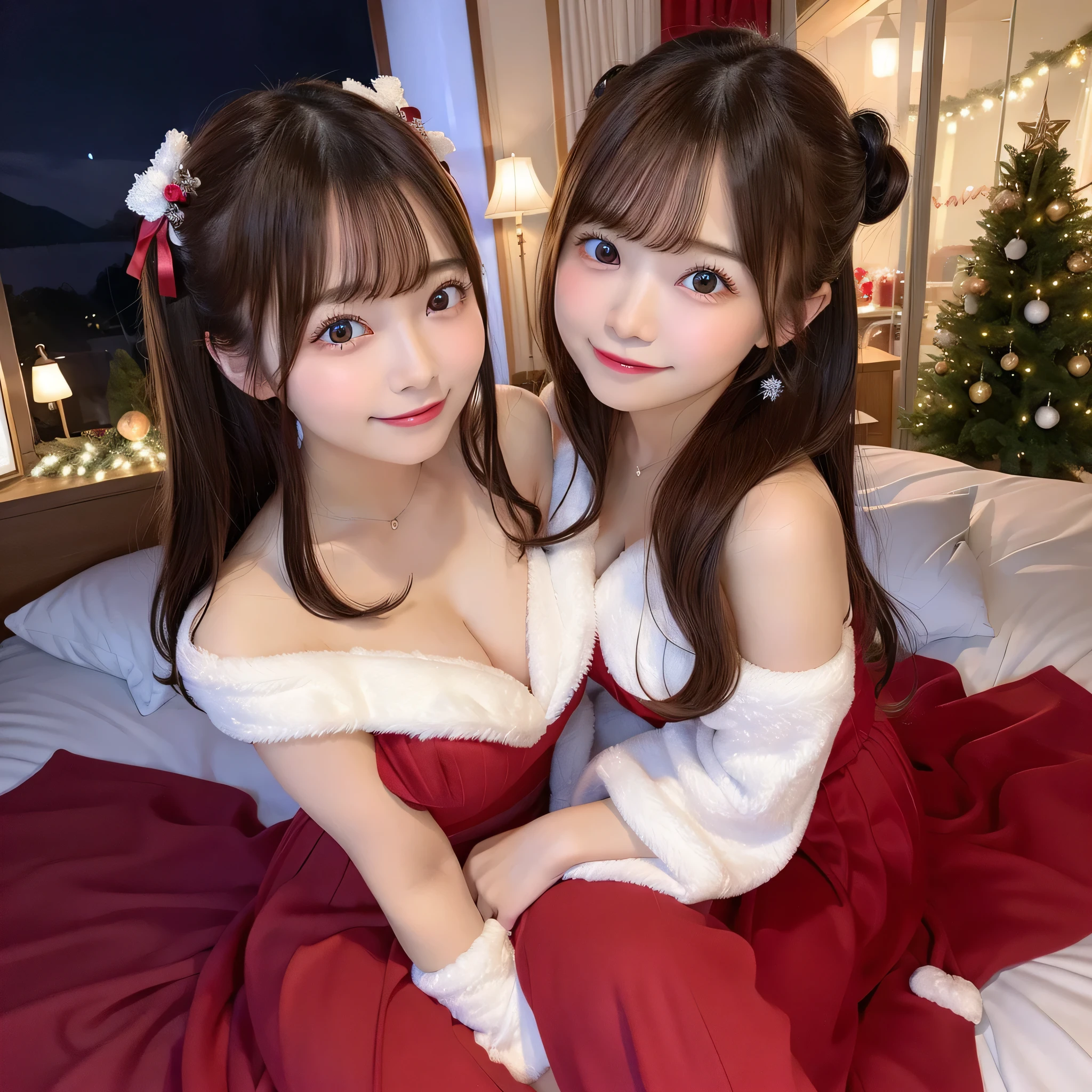 1girl in, Extremely cute face(girl in a beautiful red dress),Half-sleeved、Navel、独奏、Beautiful valley、Colossal tits、on the beds、 Twintails with brown hair、short-hair、white and pink world、Pink decoration、Christmas,Fun atmosphere,Twinkling lights,Beautiful decoration、soft snowflakes fall,Best Quality,4K,Ultra-detailed,Vibrant colors,Cozy,romantic,breathtaking scenery,Warmth,Happiness,holiday、Christmasツリー,Winter wonderland,pure love and kindness、off shoulders、I keep my hair up and short、a baby face、Navel、nogizaka、Beautiful black eyes:1.3、17-year-old schoolgirl、sexypose、Fantastic world、illuminations